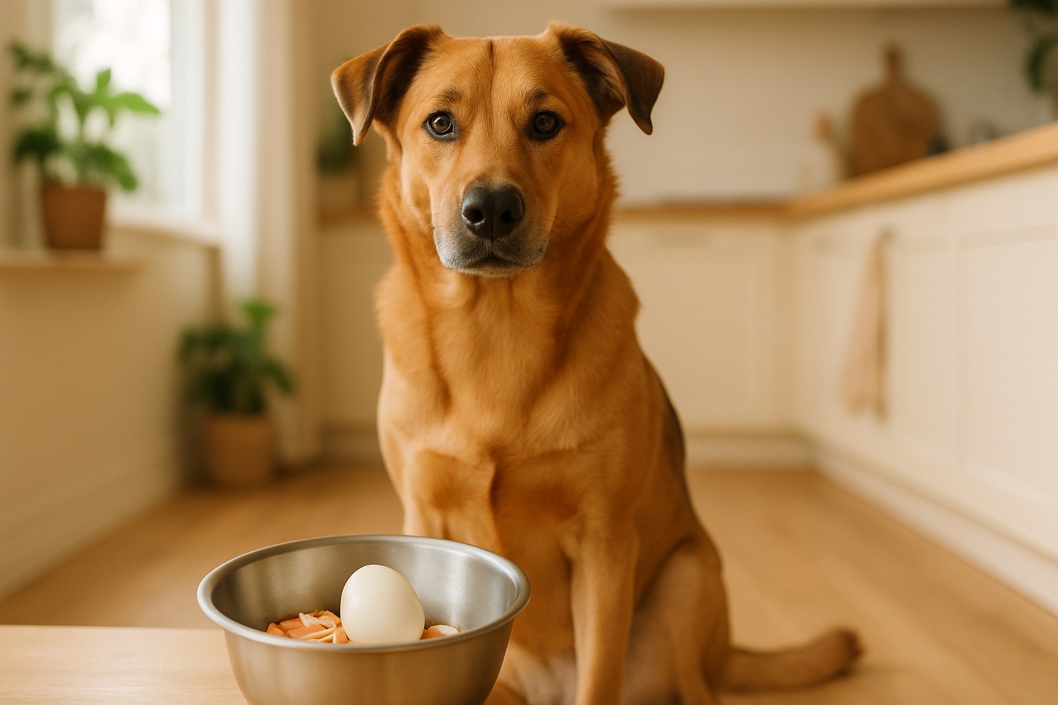 Cane di taglia media seduto davanti a ciotola con uovo sodo sbucciato e gusci tritati, ambiente cucina luminoso