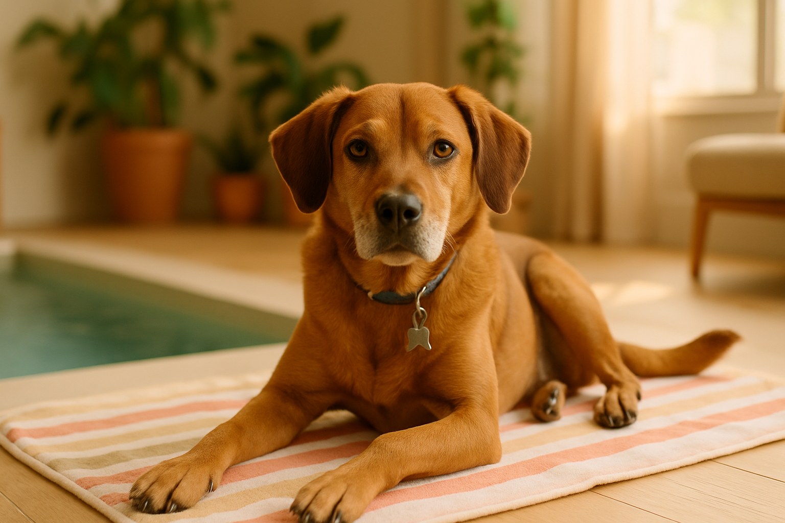 Cane che gioca su una spiaggia italiana sabbiosa con padroni in spiaggia dog-friendly