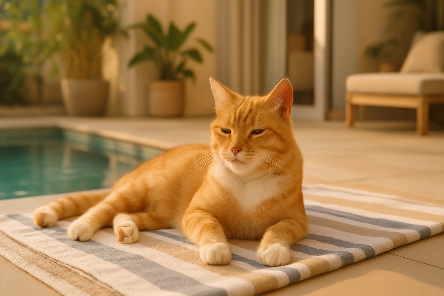 Gatto che riposa serenamente sul divano di casa mentre il padrone prepara la valigia