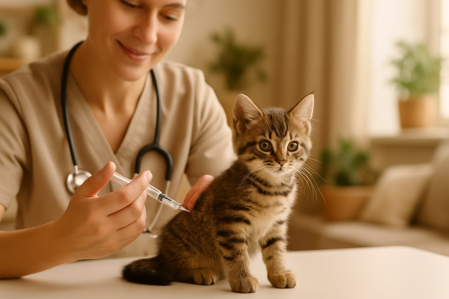 Veterinario che vaccina un gattino tigrato di 8 settimane durante visita clinica con siringa e vaccino trivalente