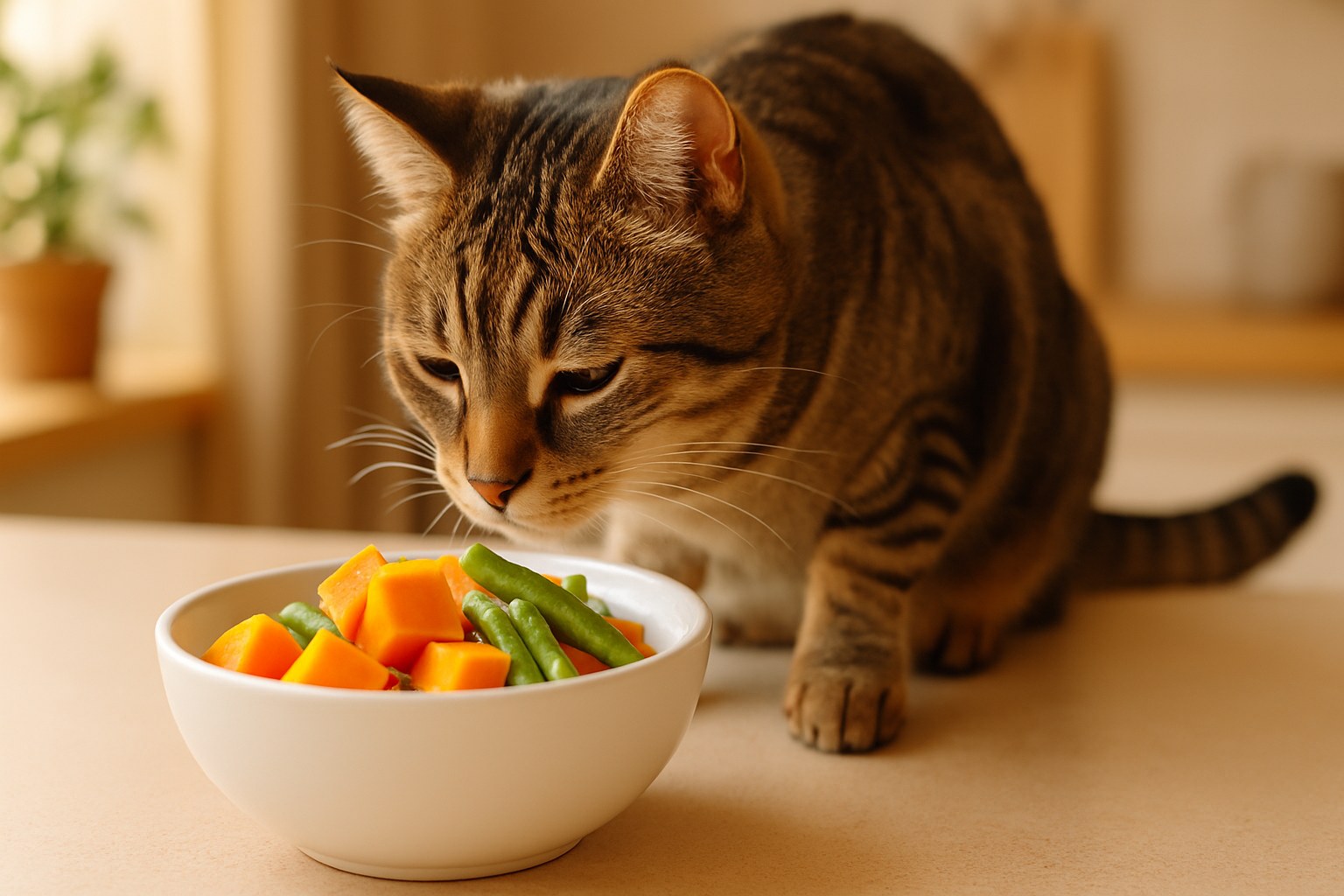 Gatto domestico che annusa curiosamente una ciotola con verdure cotte sicure come zucca e fagiolini su tavolo di cucina
