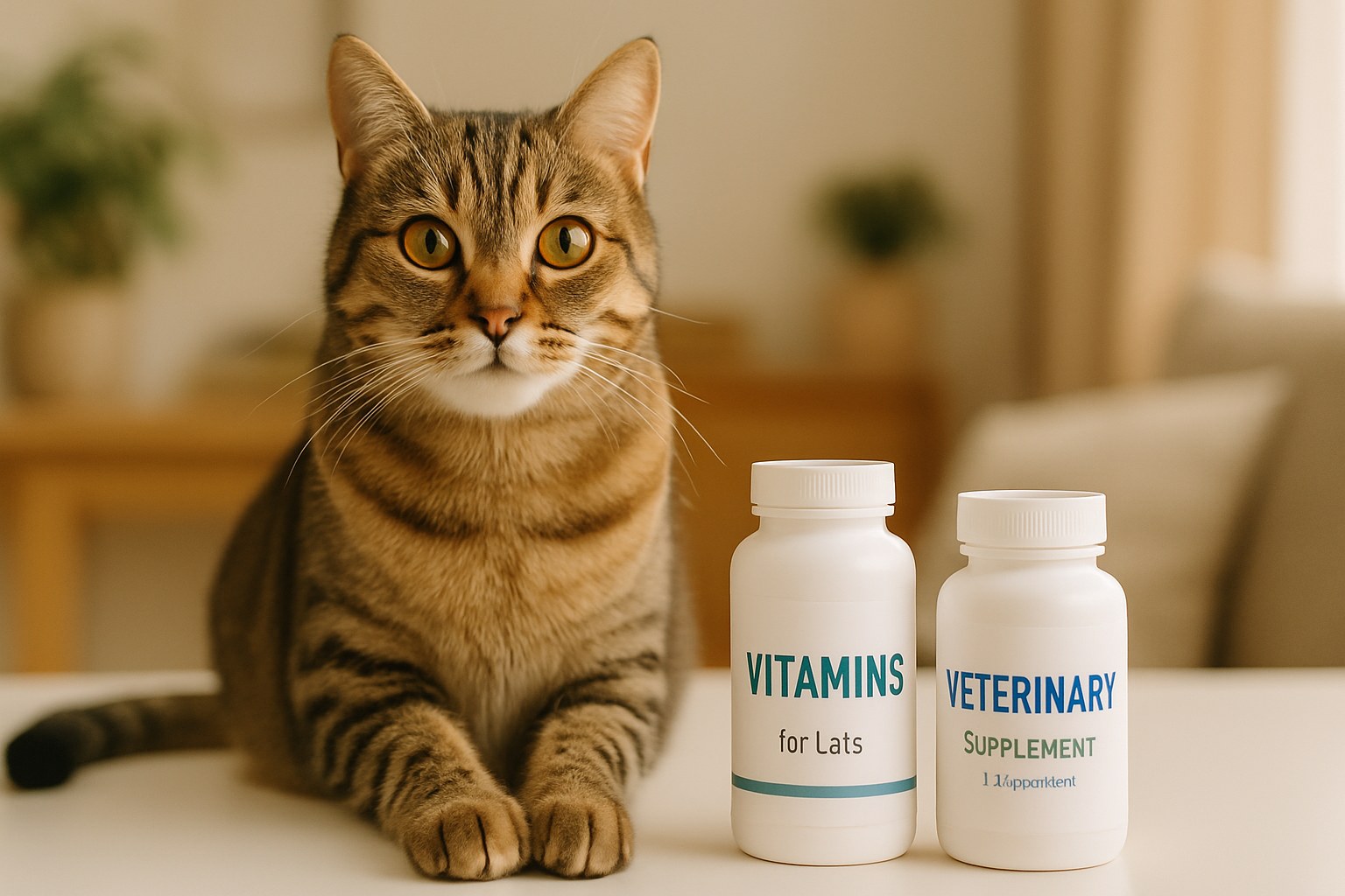 Gatto tigrato sano seduto accanto a flaconi di integratori vitaminici specifici per felini su tavolo veterinario