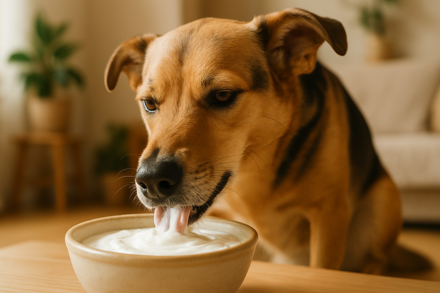 Cane di taglia media che mangia yogurt bianco da una ciotola in ceramica con espressione soddisfatta