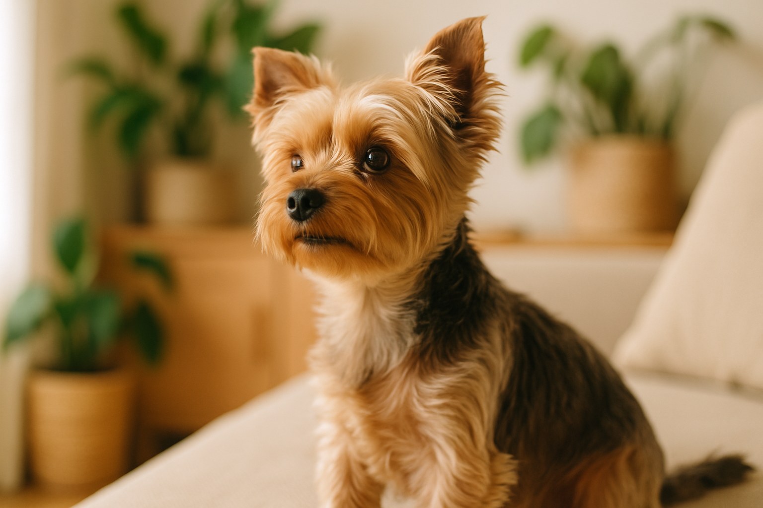 Yorkshire terrier dal pelo lungo setoso con fiocchetto rosa