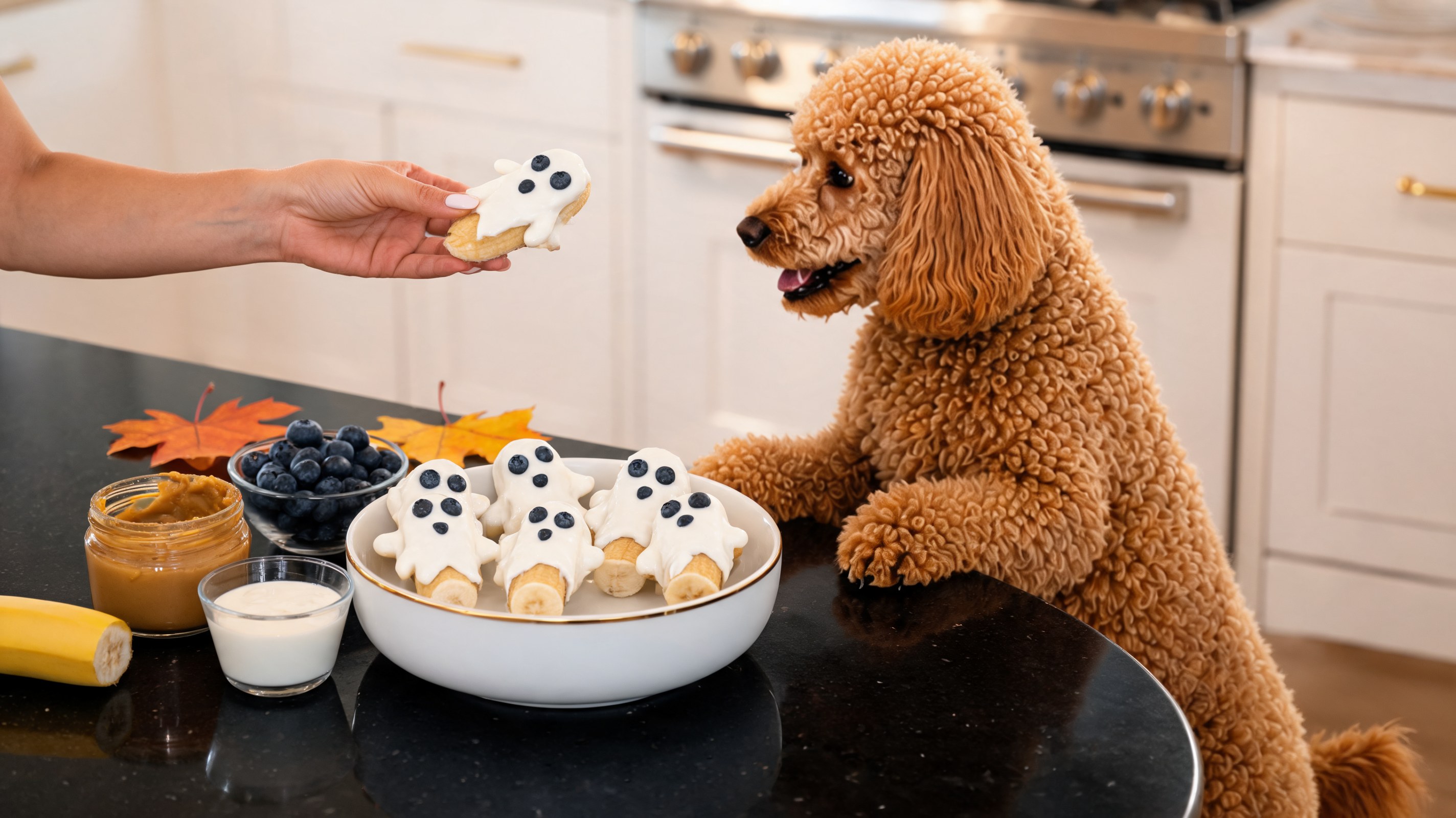 Snack a forma di fantasma per cani fatti con banana, kefir e mirtilli, vista dall'alto su vassoio scuro