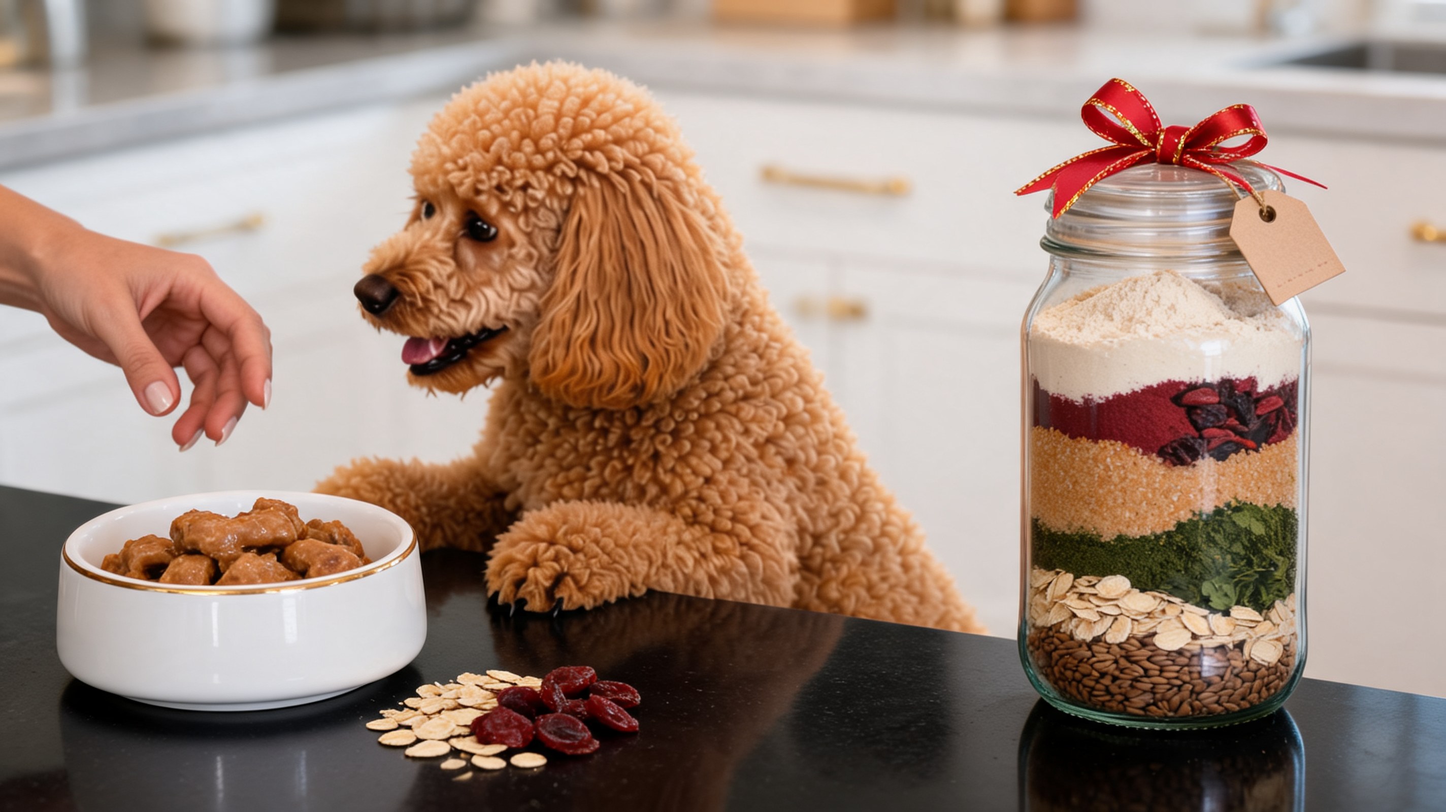 Bocal en verre avec des couches colorées d'ingrédients secs pour biscuits pour chiens décoré avec un ruban
