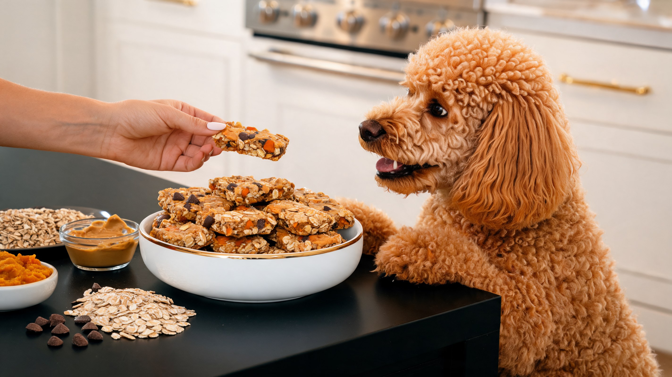 Barritas de granola con avena, mantequilla de cacahuete, calabaza y chispas de algarrobo para perros sobre una tabla de cortar