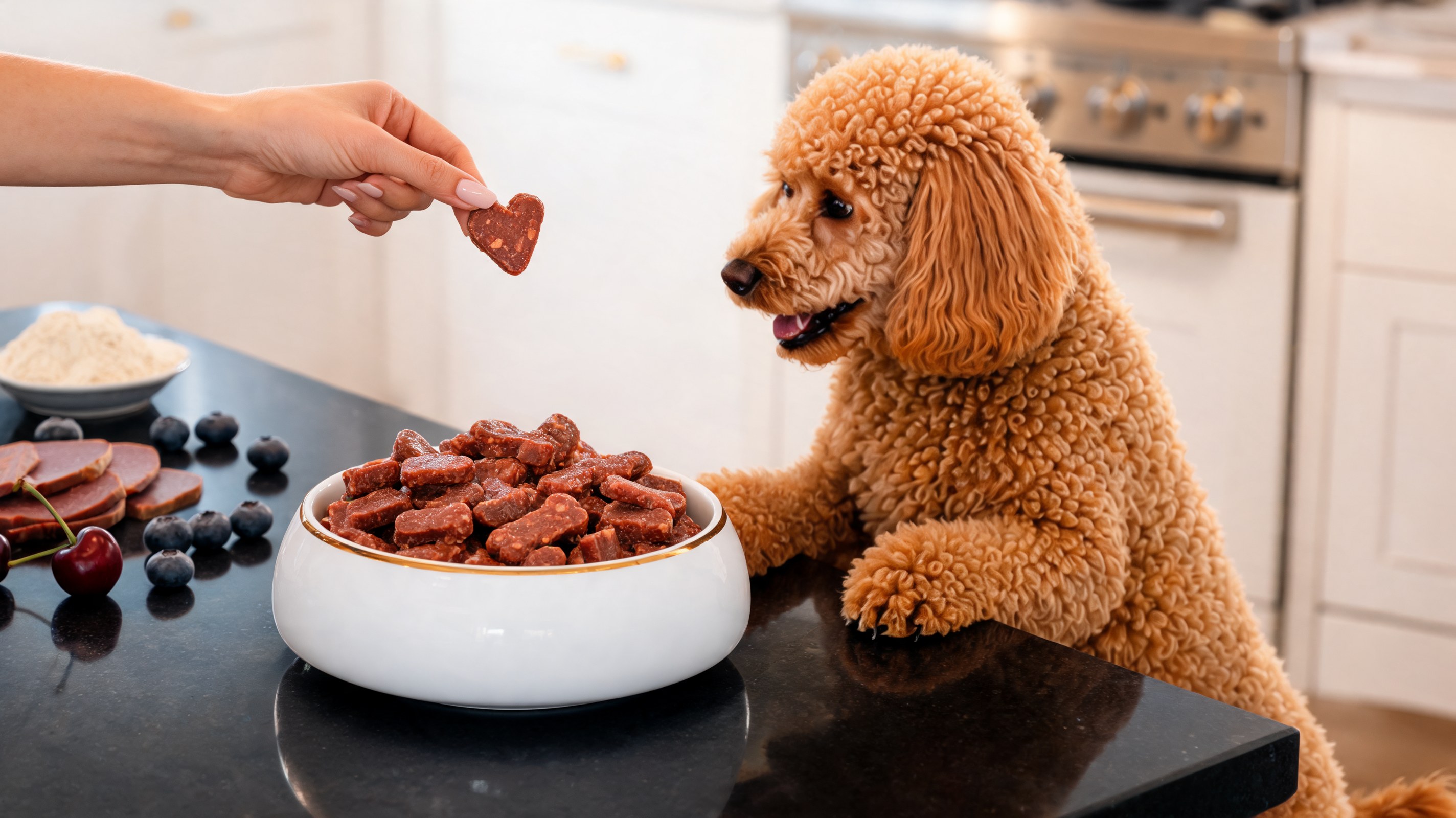 Galletas caseras de hígado y arándanos para perros dispuestas sobre una tabla de madera vista desde arriba