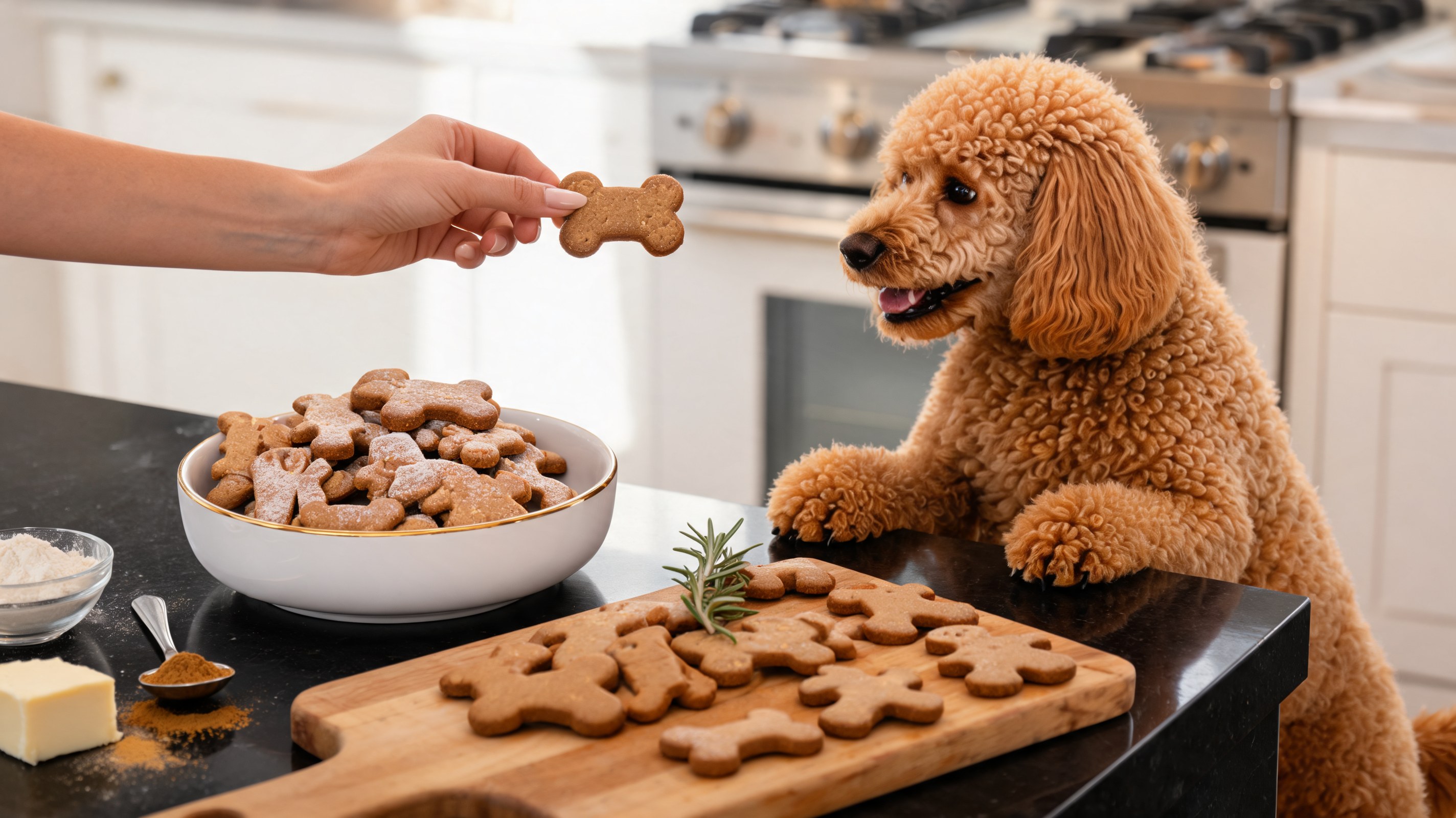 Biscuits au pain d'épices pour chiens en forme d'os et de chiot sur une grille dans une cuisine lumineuse