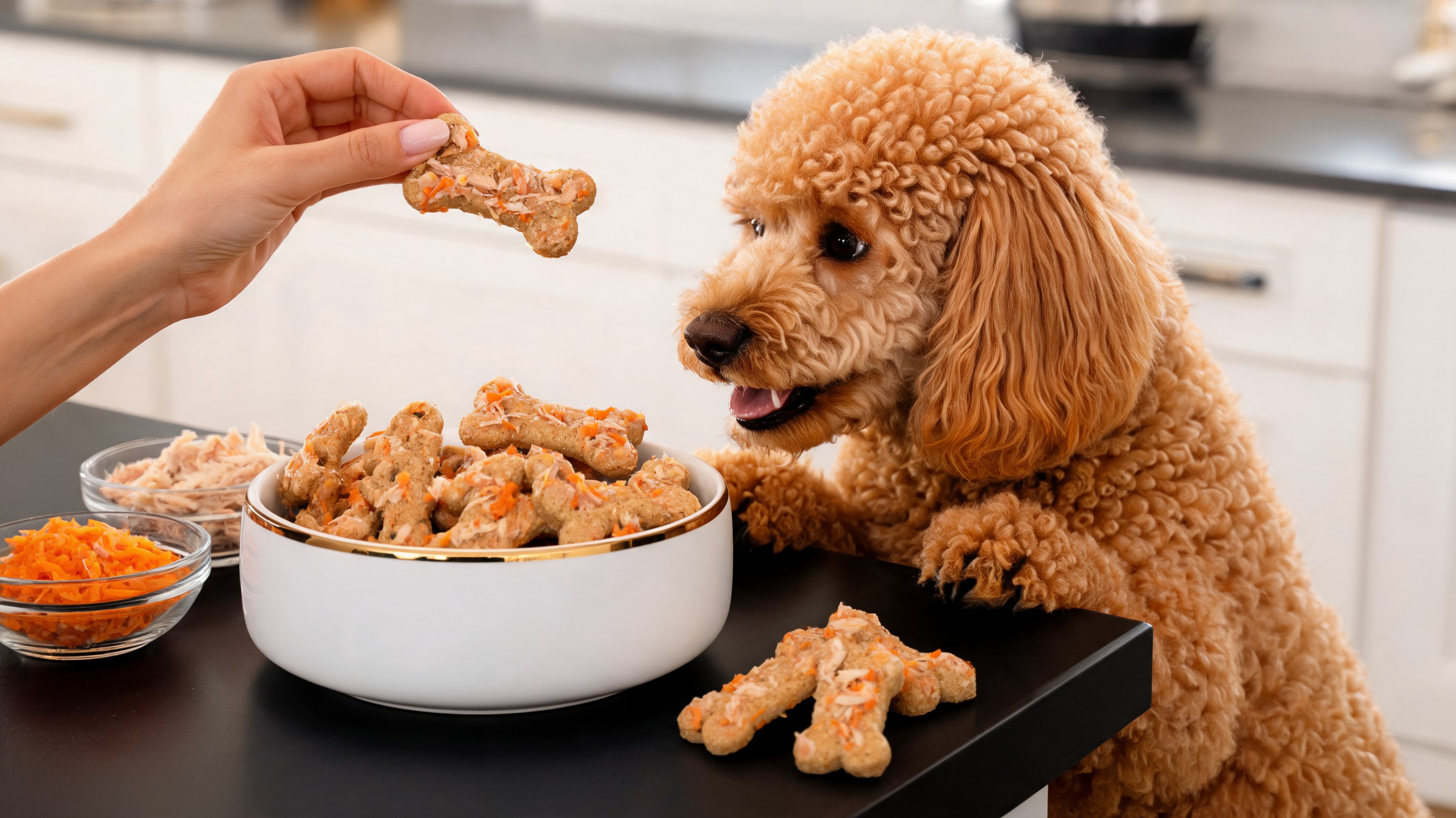 Biscotti per cani dorati a forma di osso con visibili pezzetti di pollo e carote grattugiate, su una teglia