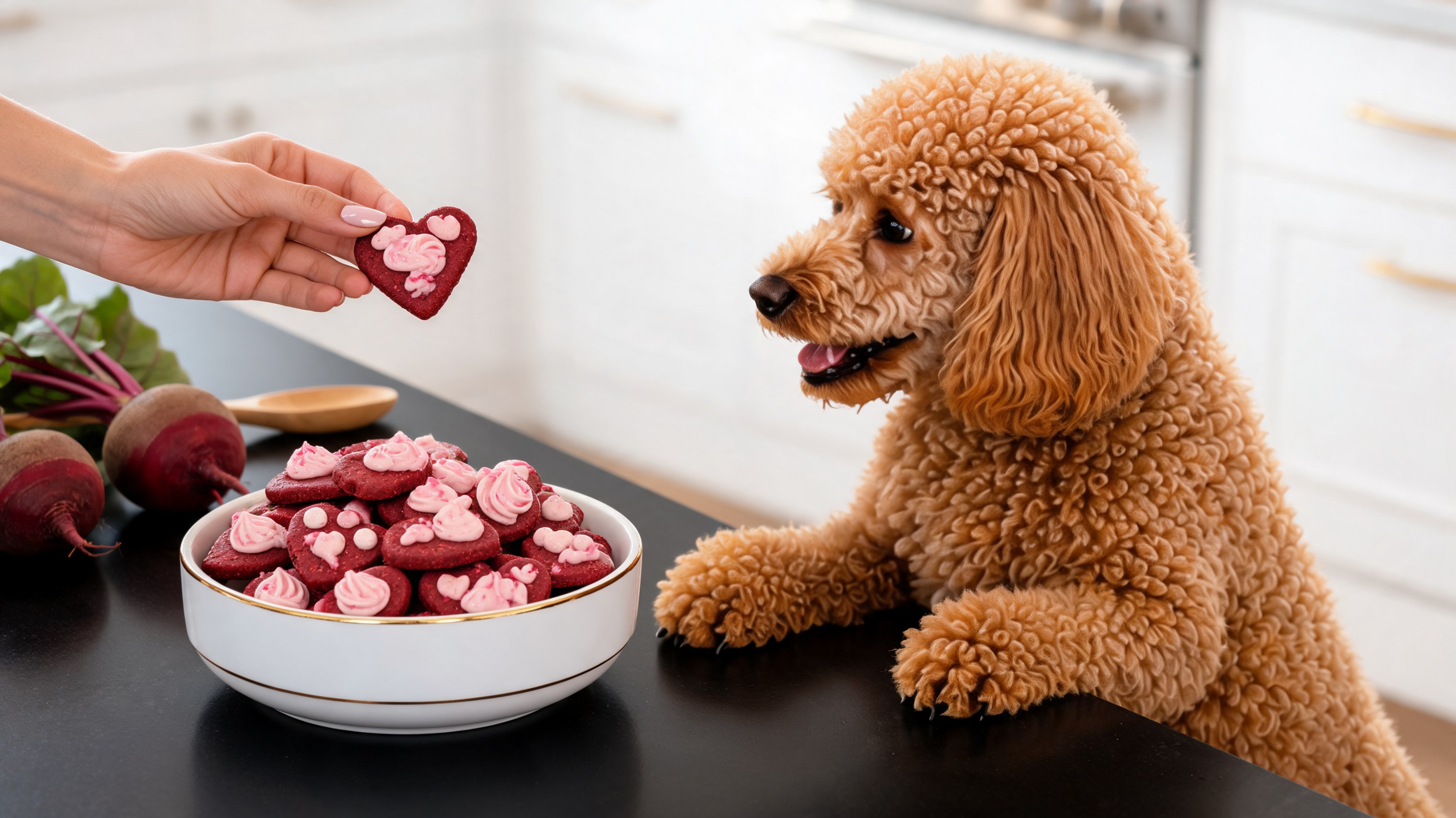 Biscotti pour chiens en forme de cœur de couleur rouge naturel avec glaçage rose pastel et quelques cœurs simples autour