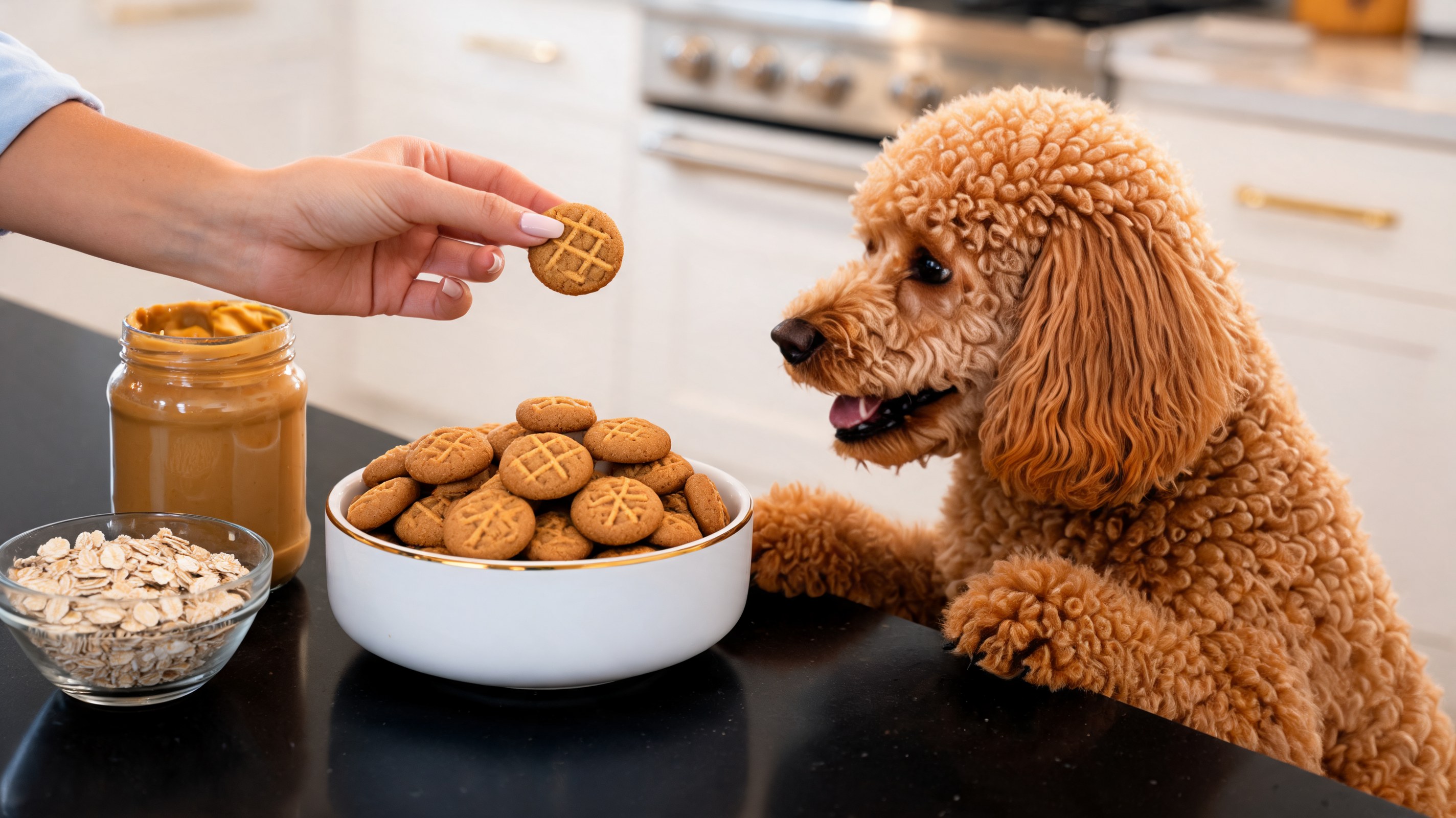 Biscottis pour chiens au beurre de cacahuète et flocons d'avoine avec marque de fourchette sur papier sulfurisé