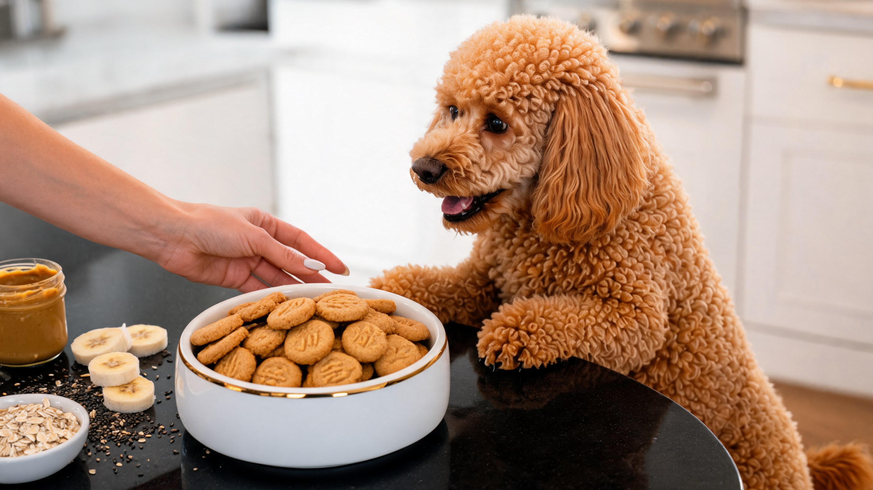 Biscoitos dourados para cães à base de banana, manteiga de amendoim, aveia e sementes de chia sobre uma grade