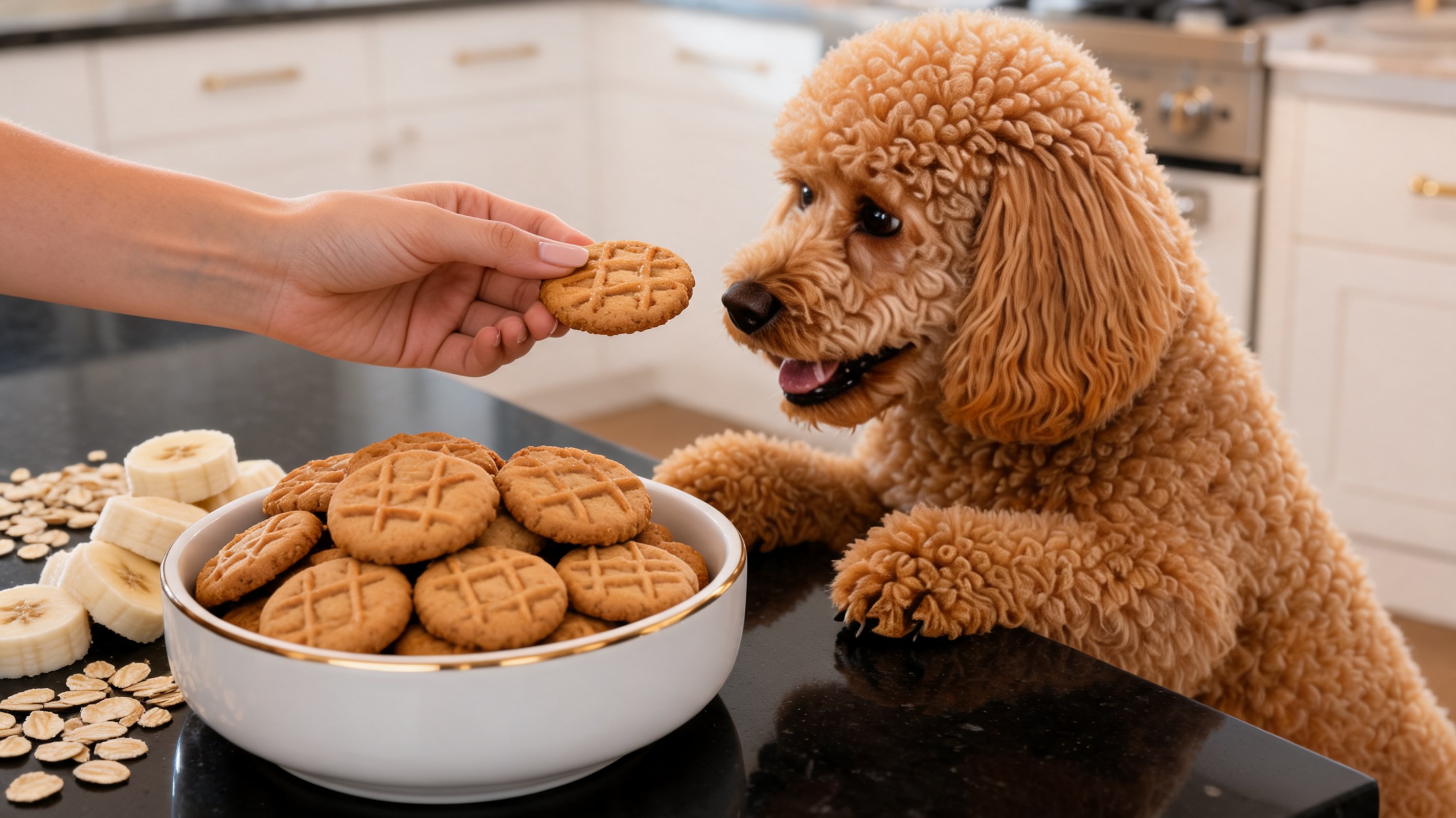 Biscotti tondi al burro d'arachidi e banana con motivo a griglia per cani su teglia