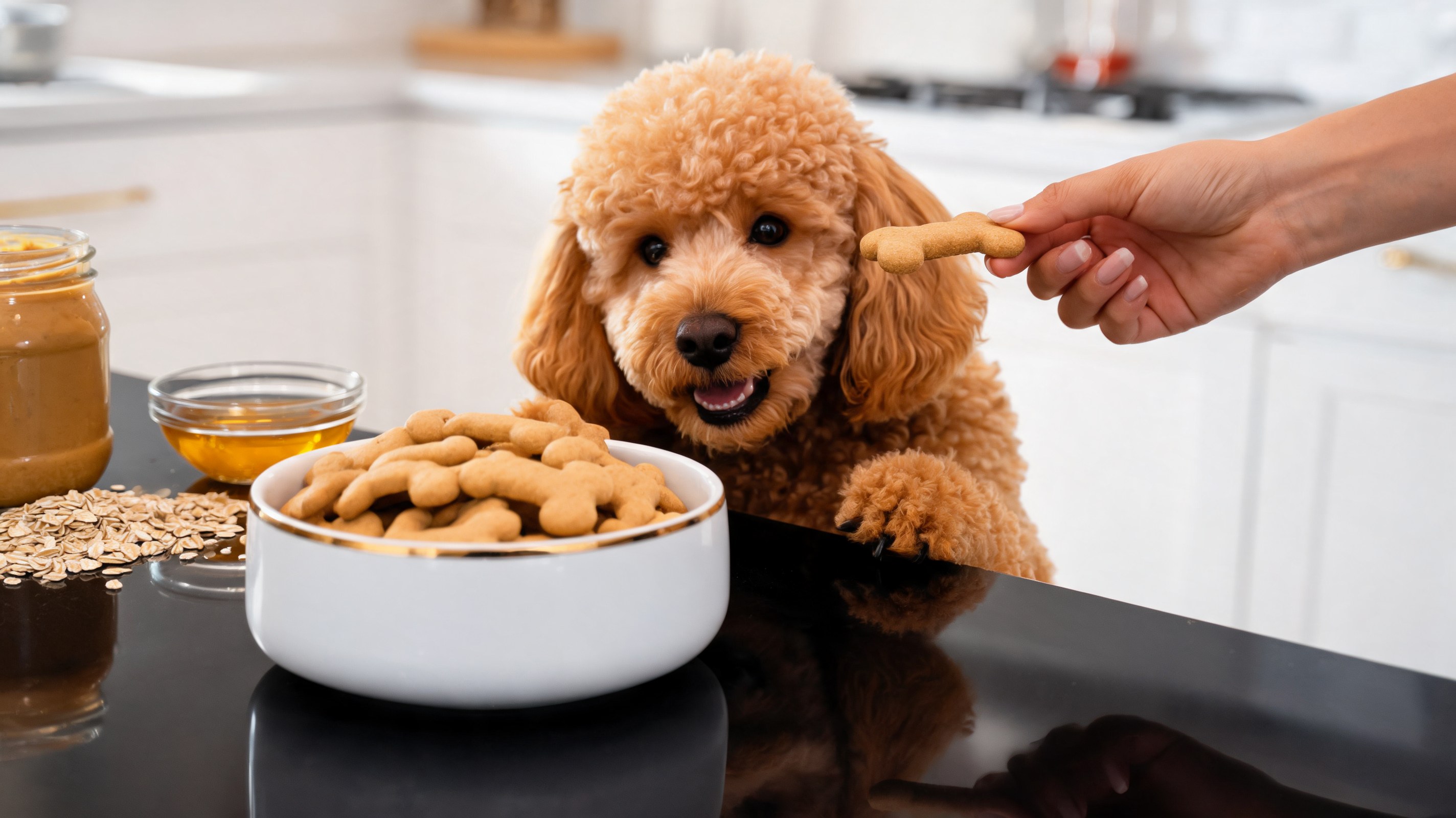 Biscoitos para cães com manteiga de amendoim e mel em forma de osso dispostos sobre papel manteiga