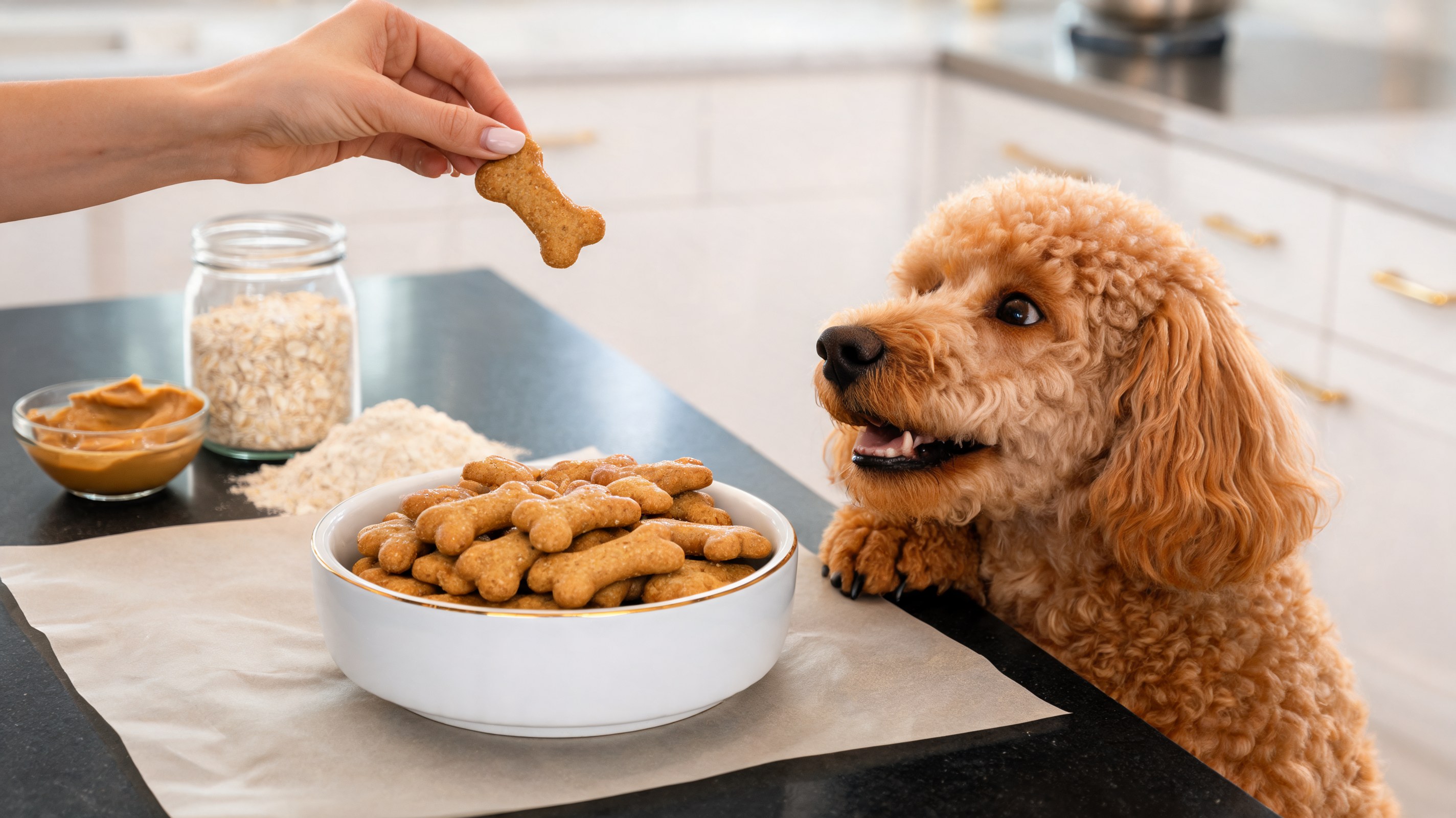 Biscottes croustillantes pour chiens au beurre de cacahuète en forme d'os, sur plaque de cuisson