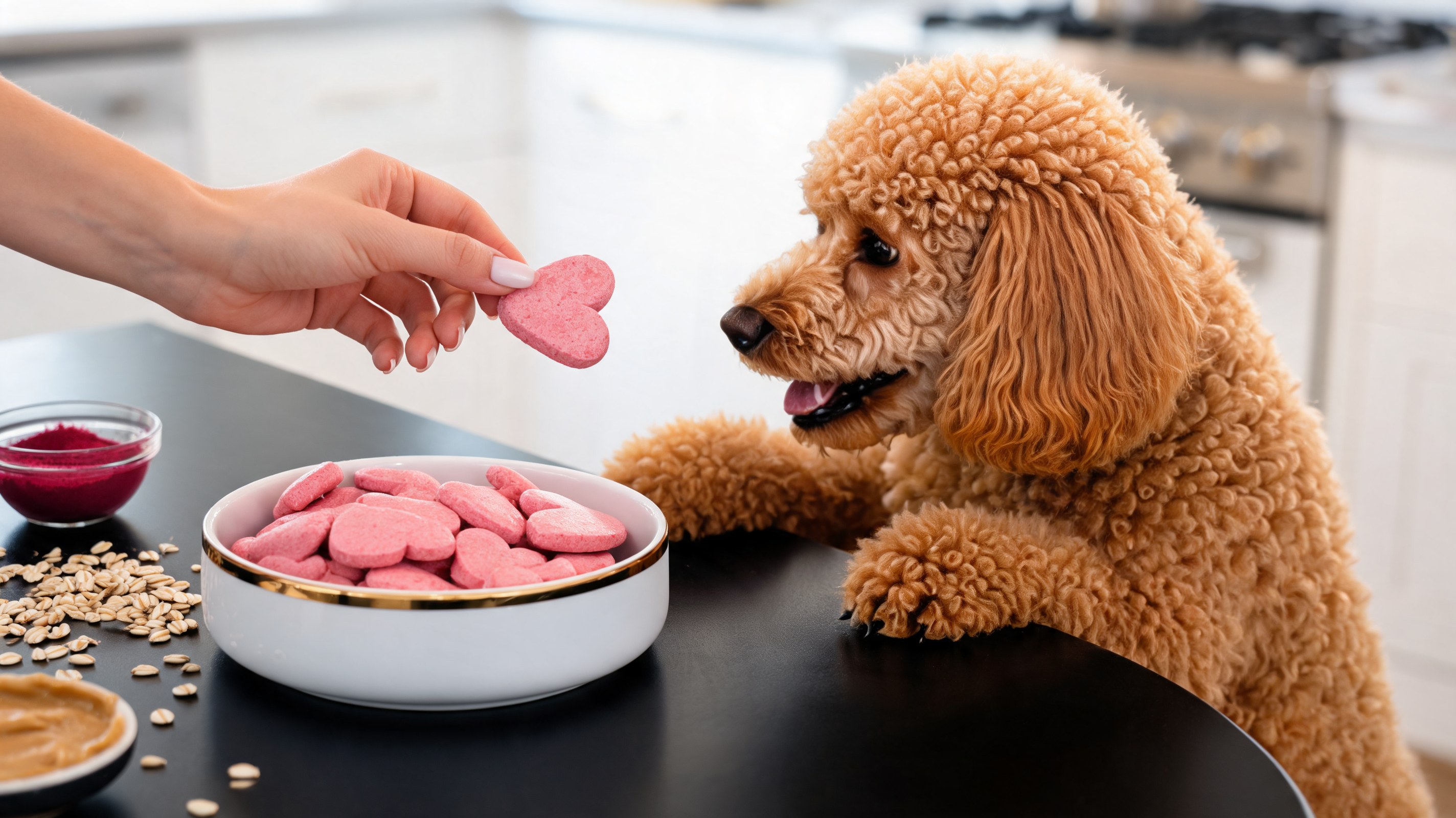 Biscotti rosa a forma di cuore alla barbabietola e burro d'arachidi per cani su carta forno