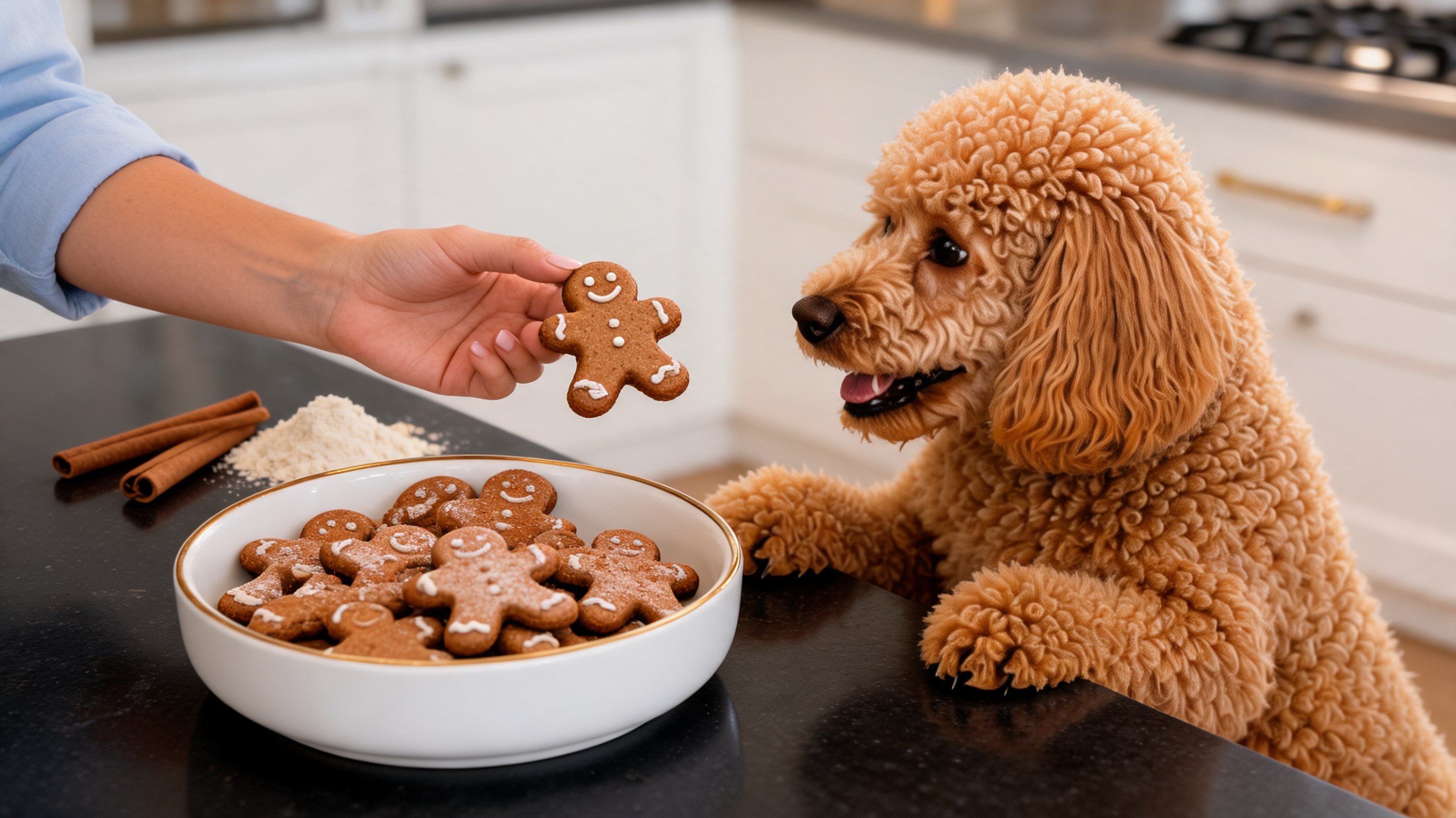 Biscotti pan di zenzero a forma di omino per cani disposti su carta forno con cannella