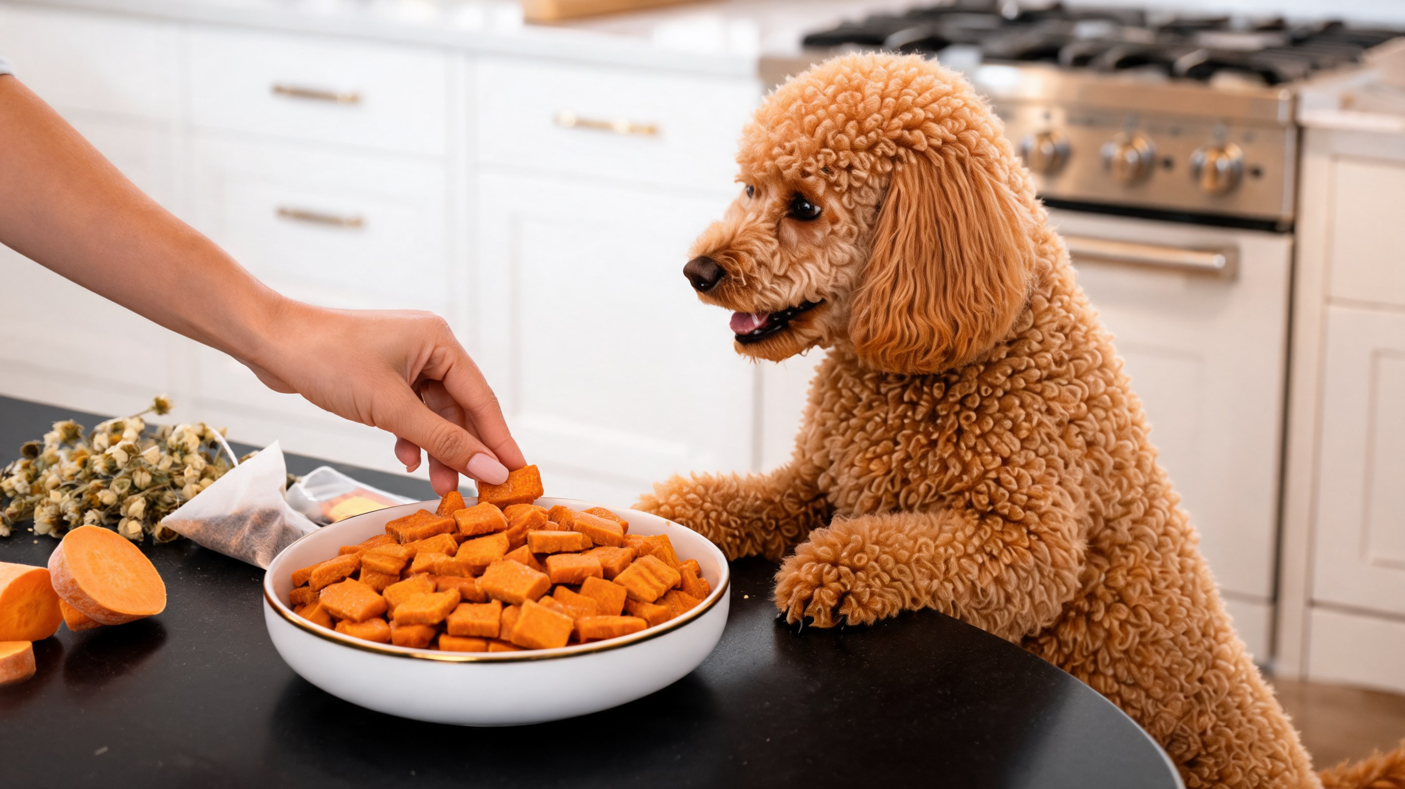 Rectangular orange sweet potato and chamomile dog biscuits arranged on a baking sheet