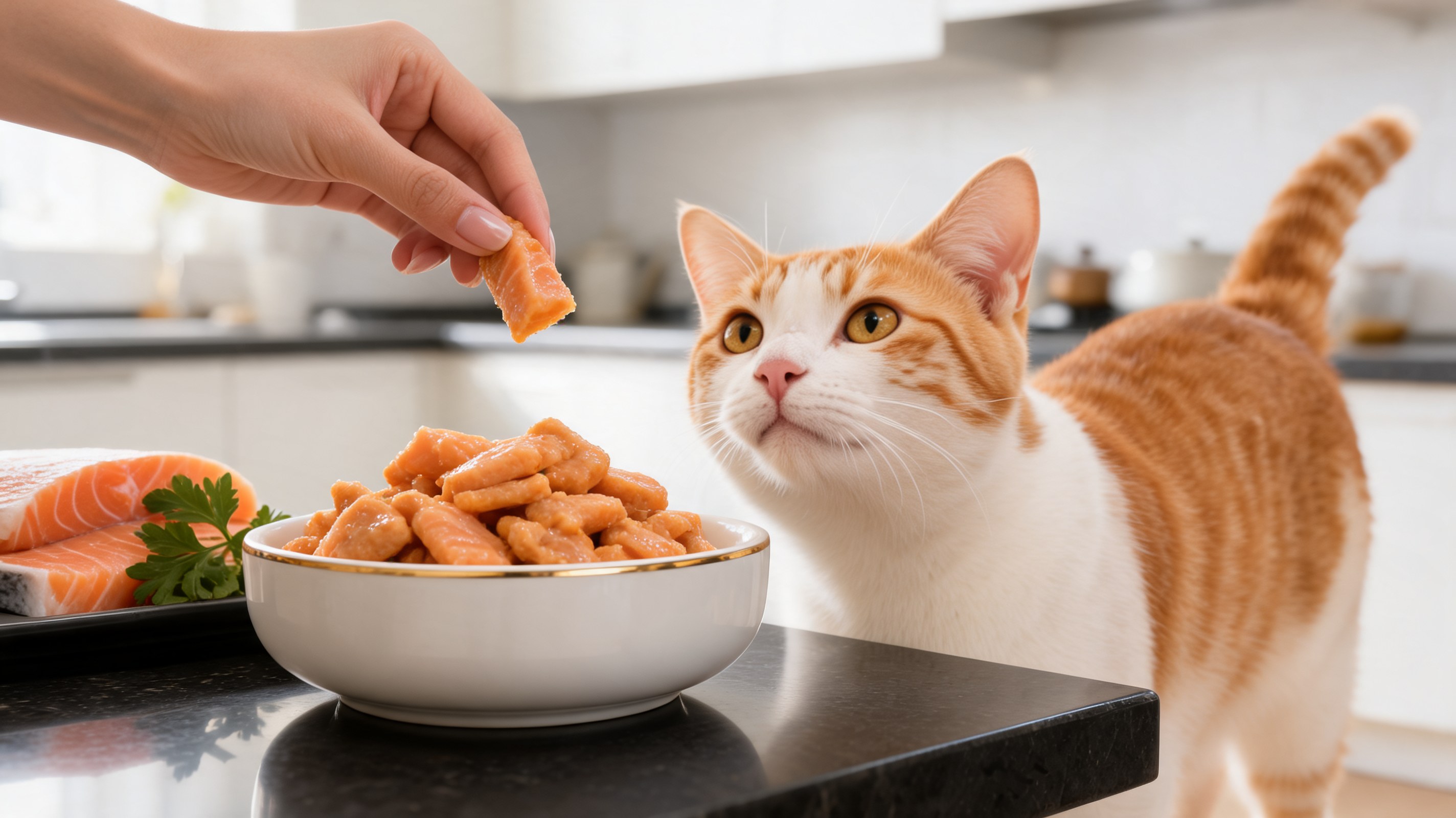 Piccoli biscottini dorati al salmone per gatti raffreddati su carta forno