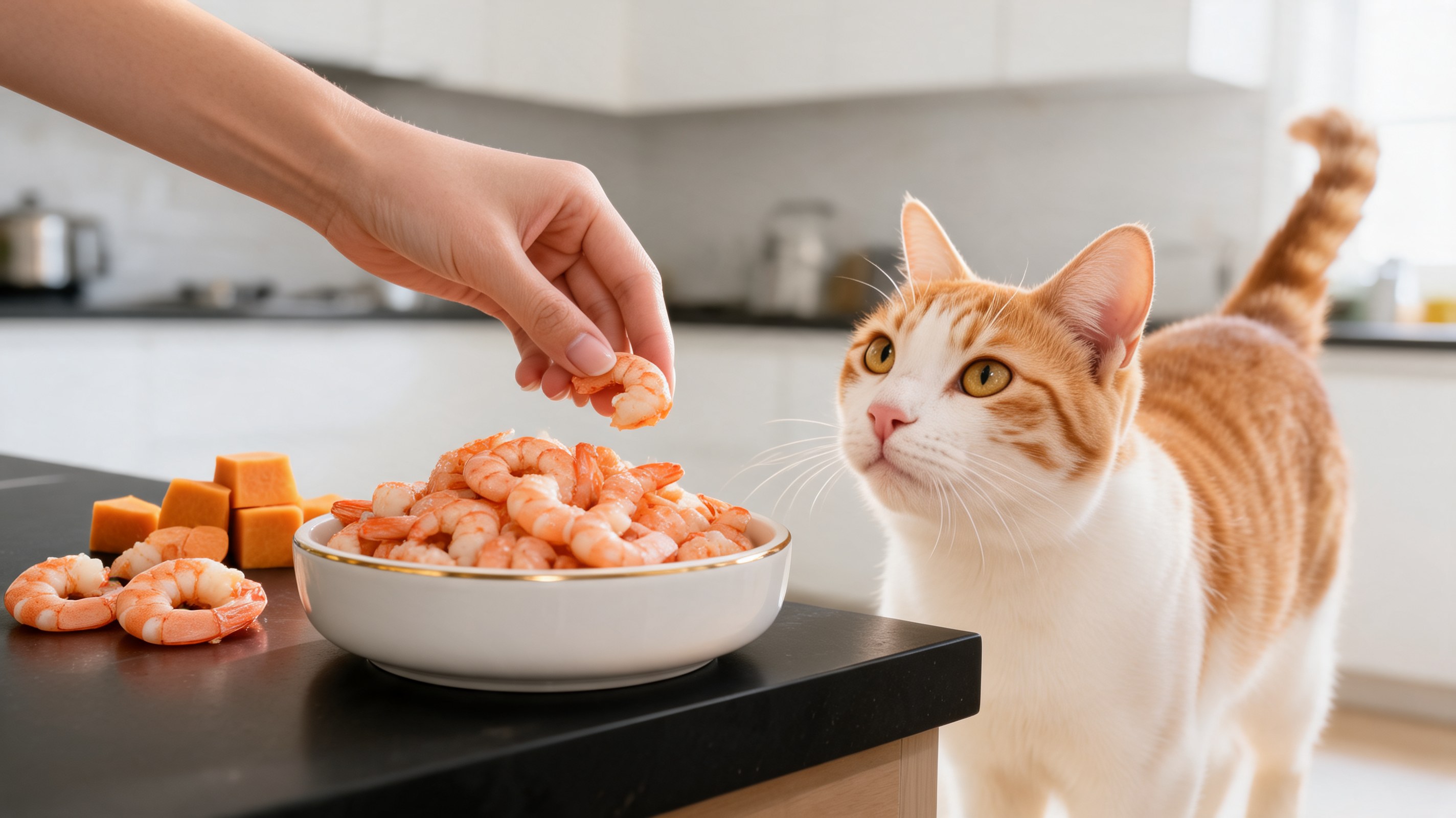 Pezzetti di gamberetti rosati cotti al vapore su un piattino, snack per gatti