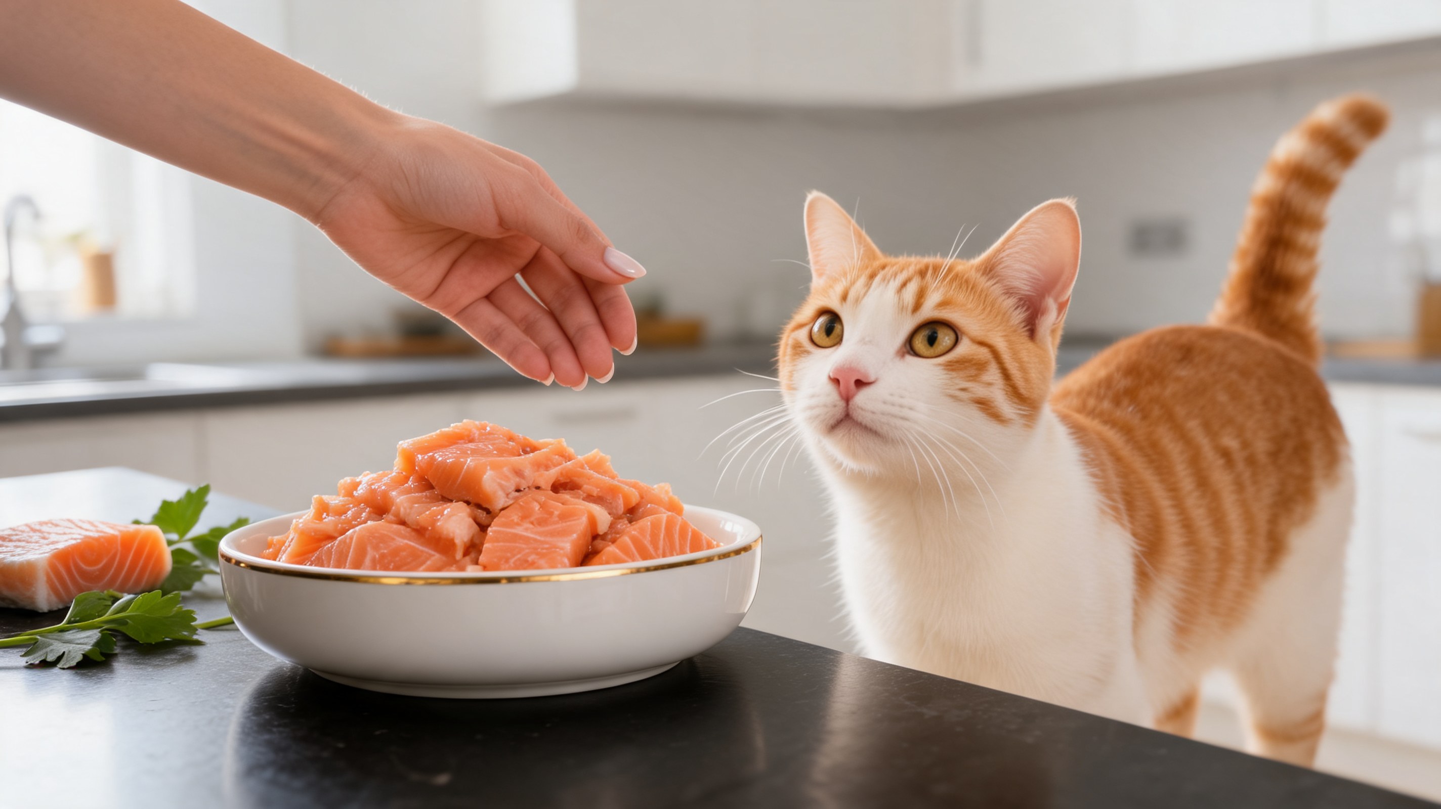 Bocconcini rosati di salmone al vapore in una ciotola di porcellana per gatti