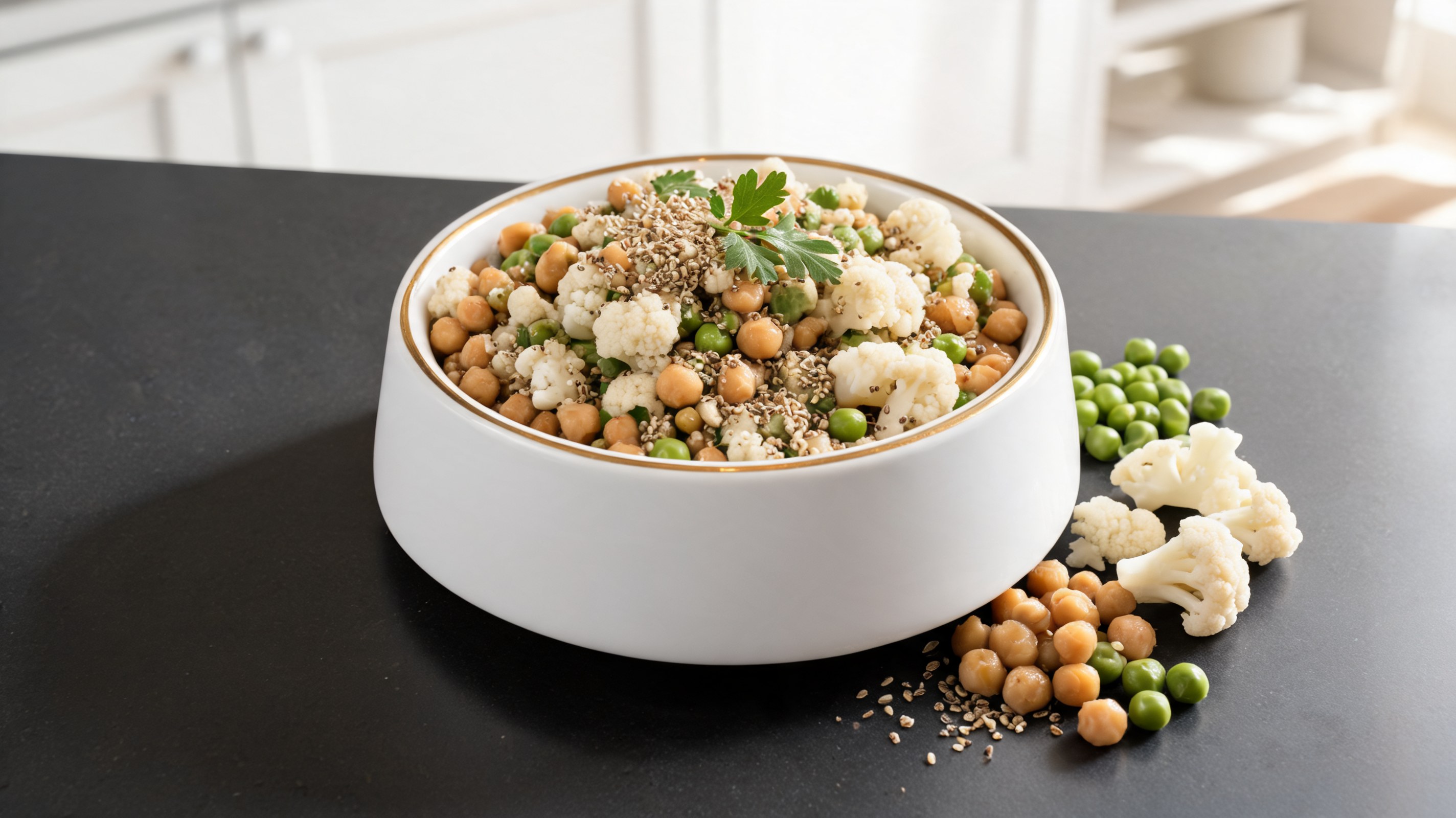 Bol para perros con garbanzos, coliflor, guisantes y semillas de cáñamo cocidos en un tazón de cerámica