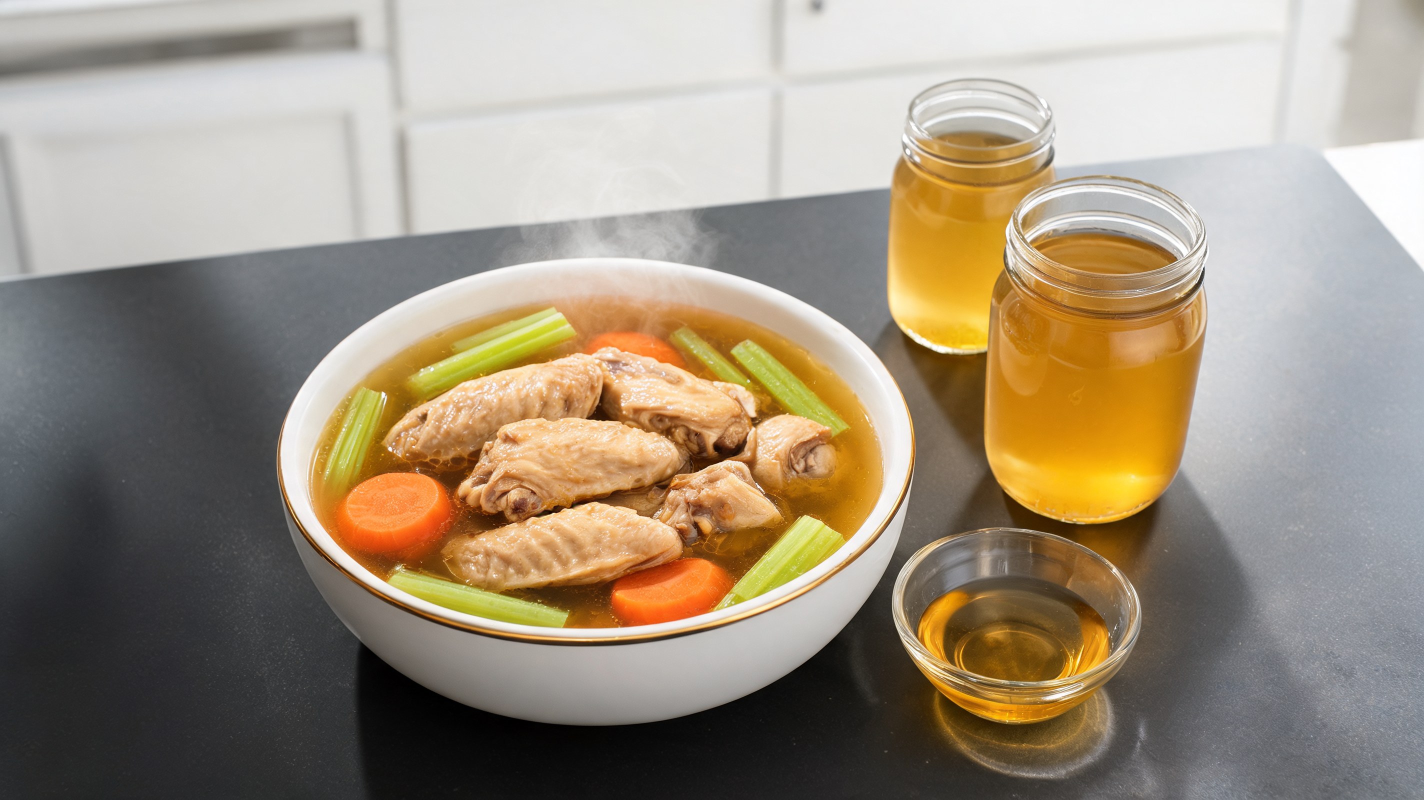 Golden bone broth in a pot with chicken wings, carrots, and celery for dogs