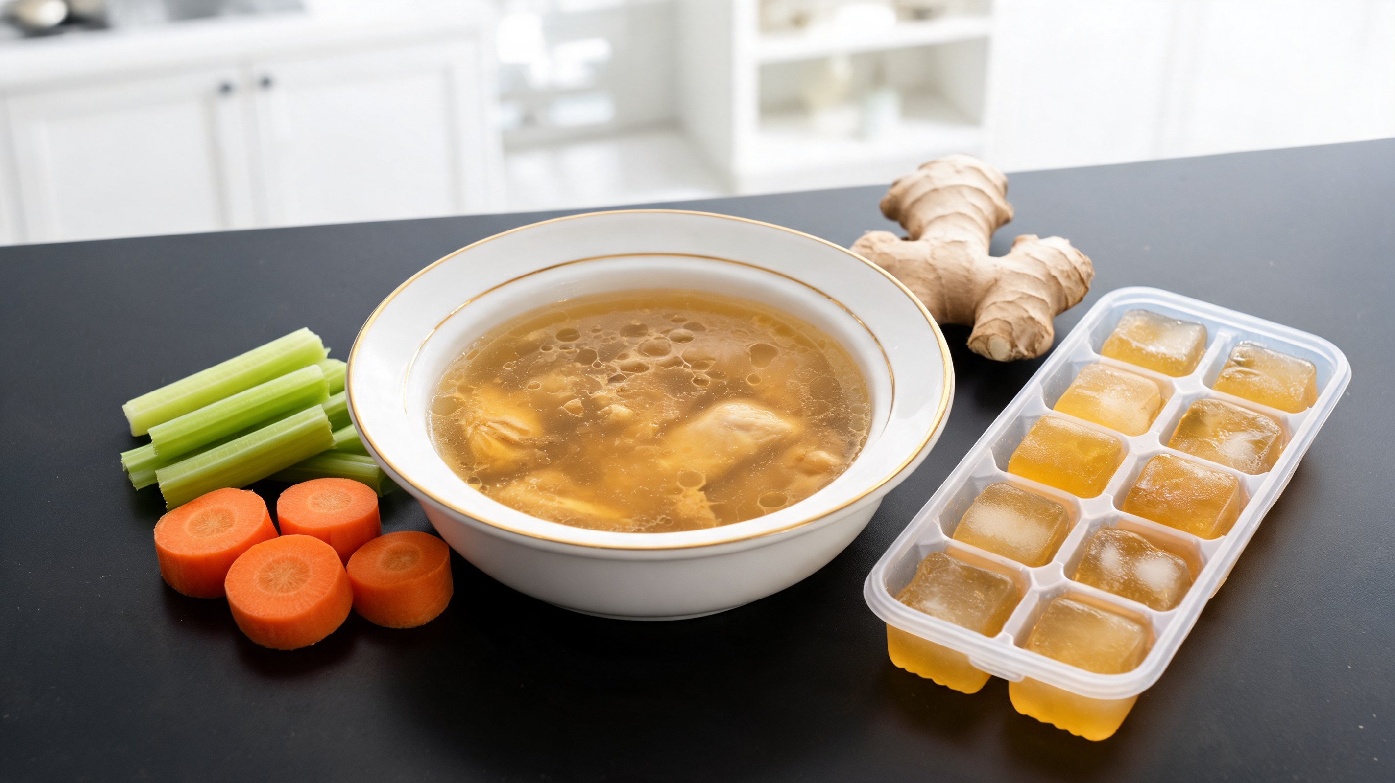 Bouillon doré gélatineux de pattes de poulet pour chiens dans un pot en verre avec céleri et carotte