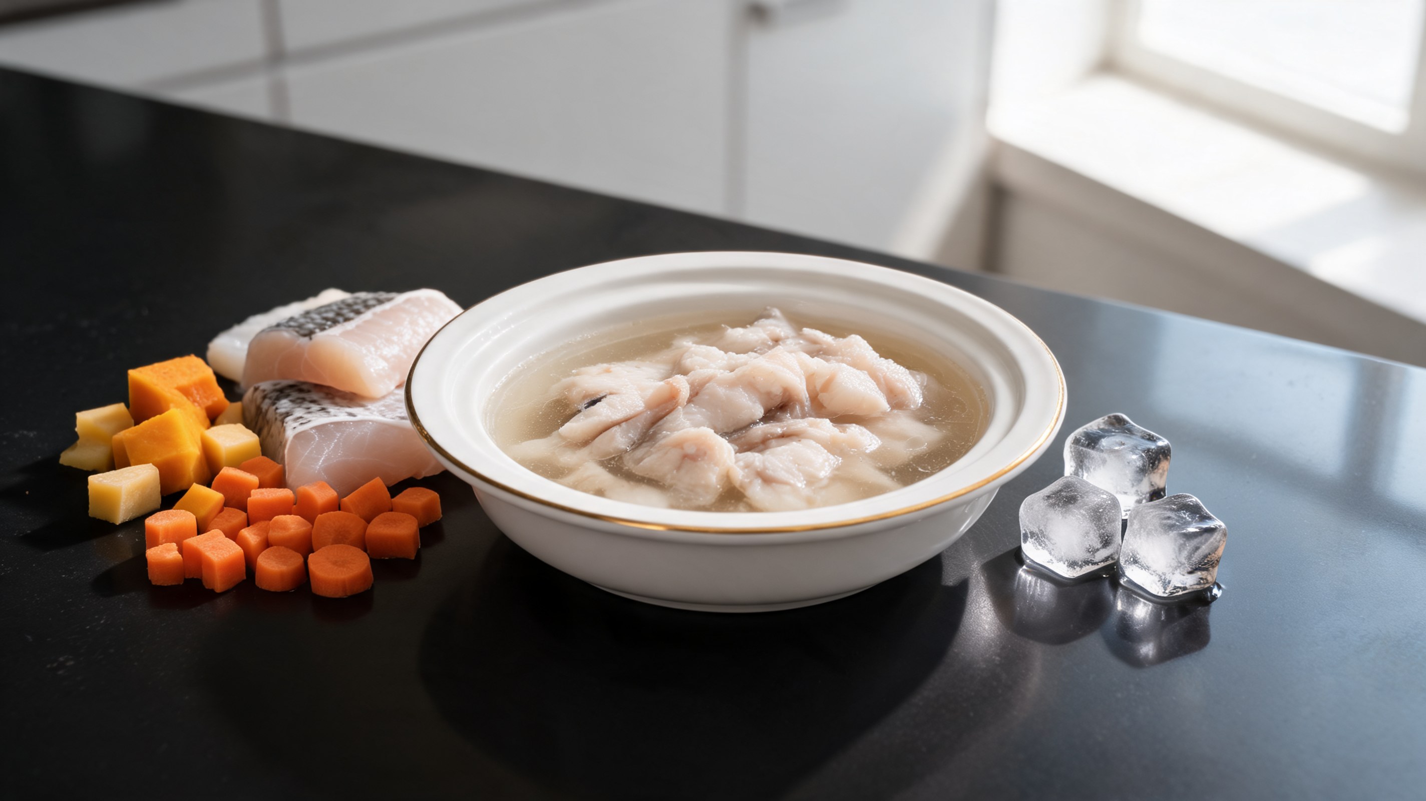 Brodo di pesce bianco chiaro in una ciotola, accanto a cubetti congelati, idratante per gatti