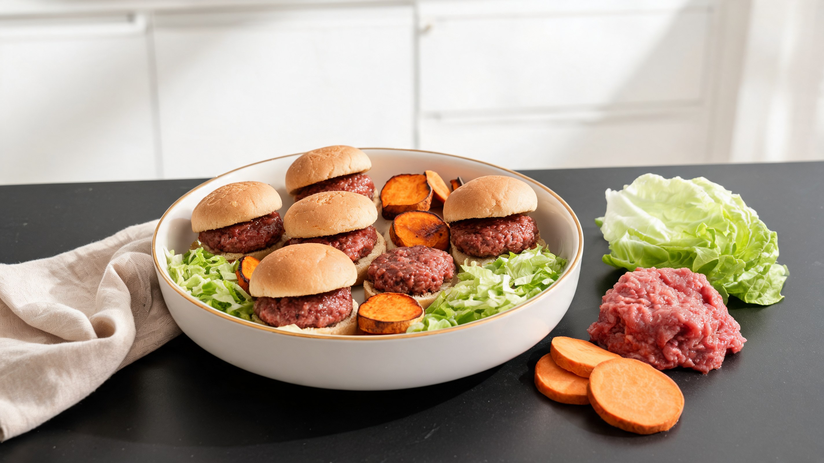 Mini burger di manzo per cani con patate dolci al forno e lattuga su tagliere