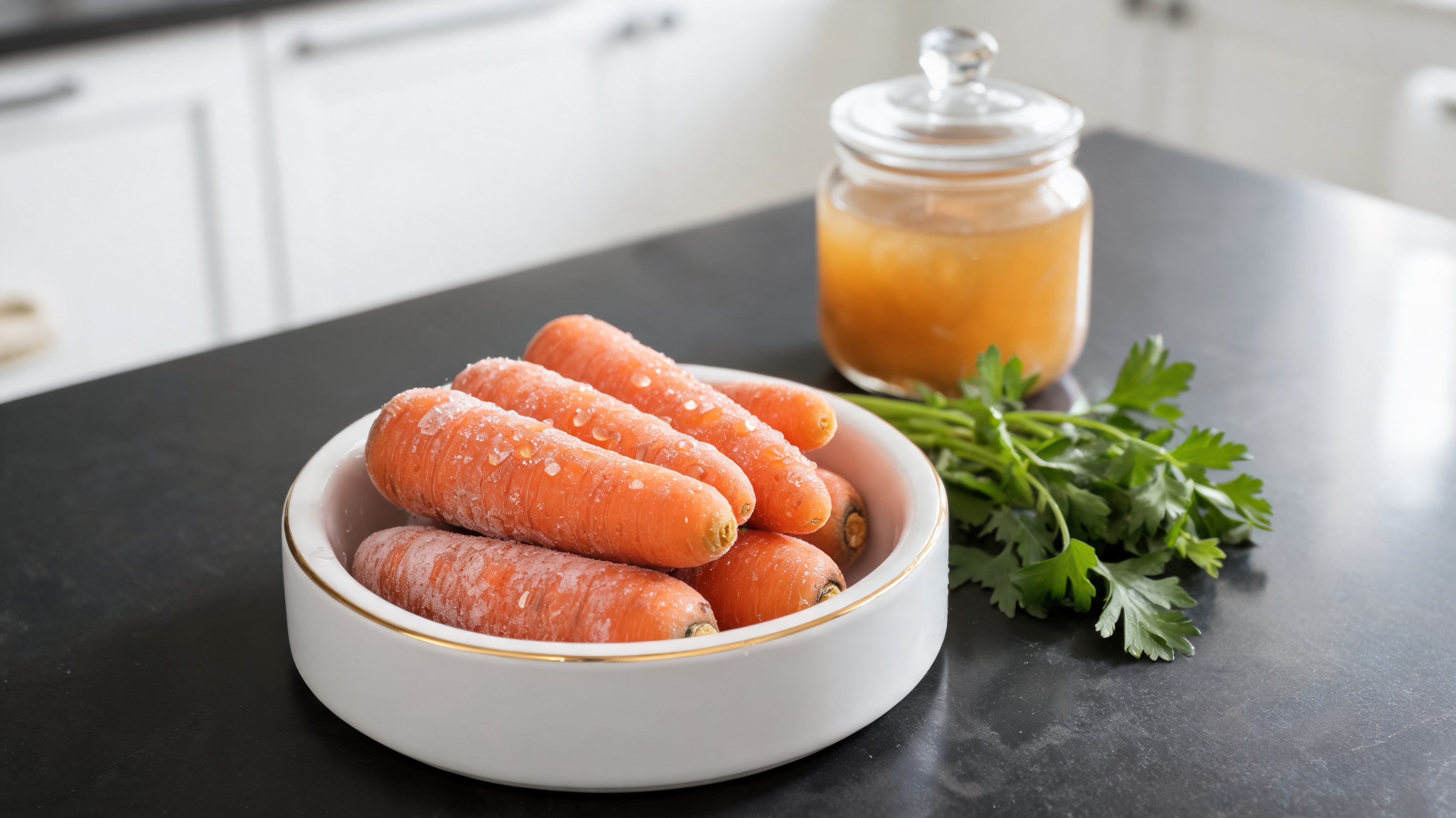 Carottes entières congelées immergées dans du bouillon d'os, servies comme snack masticatoire pour chiens