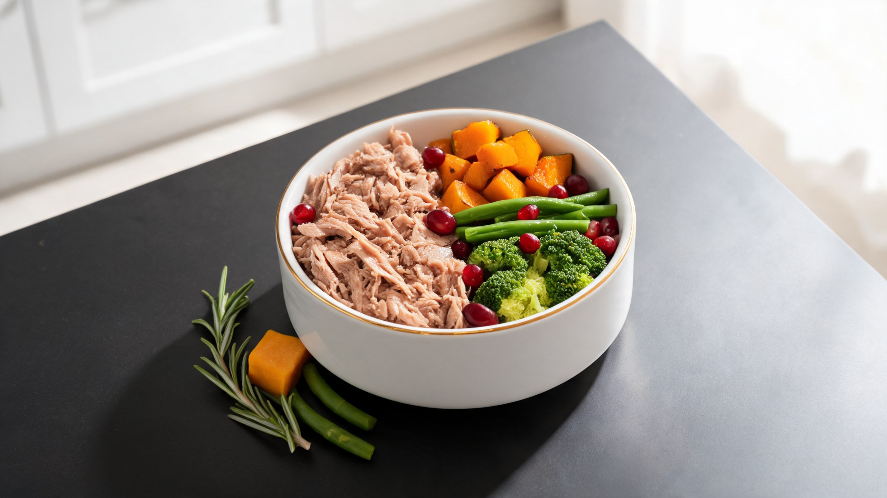 Plat festif pour chiens avec dinde effilochée, courge, brocoli, haricots verts et airelles vue de dessus
