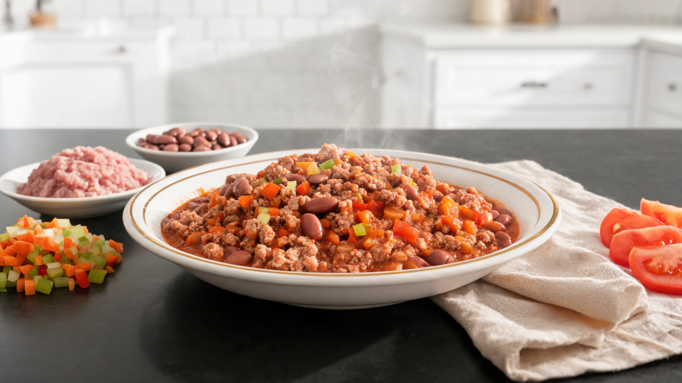 Chili di maiale e fagioli pinto con verdure miste per cani in ciotola di ceramica