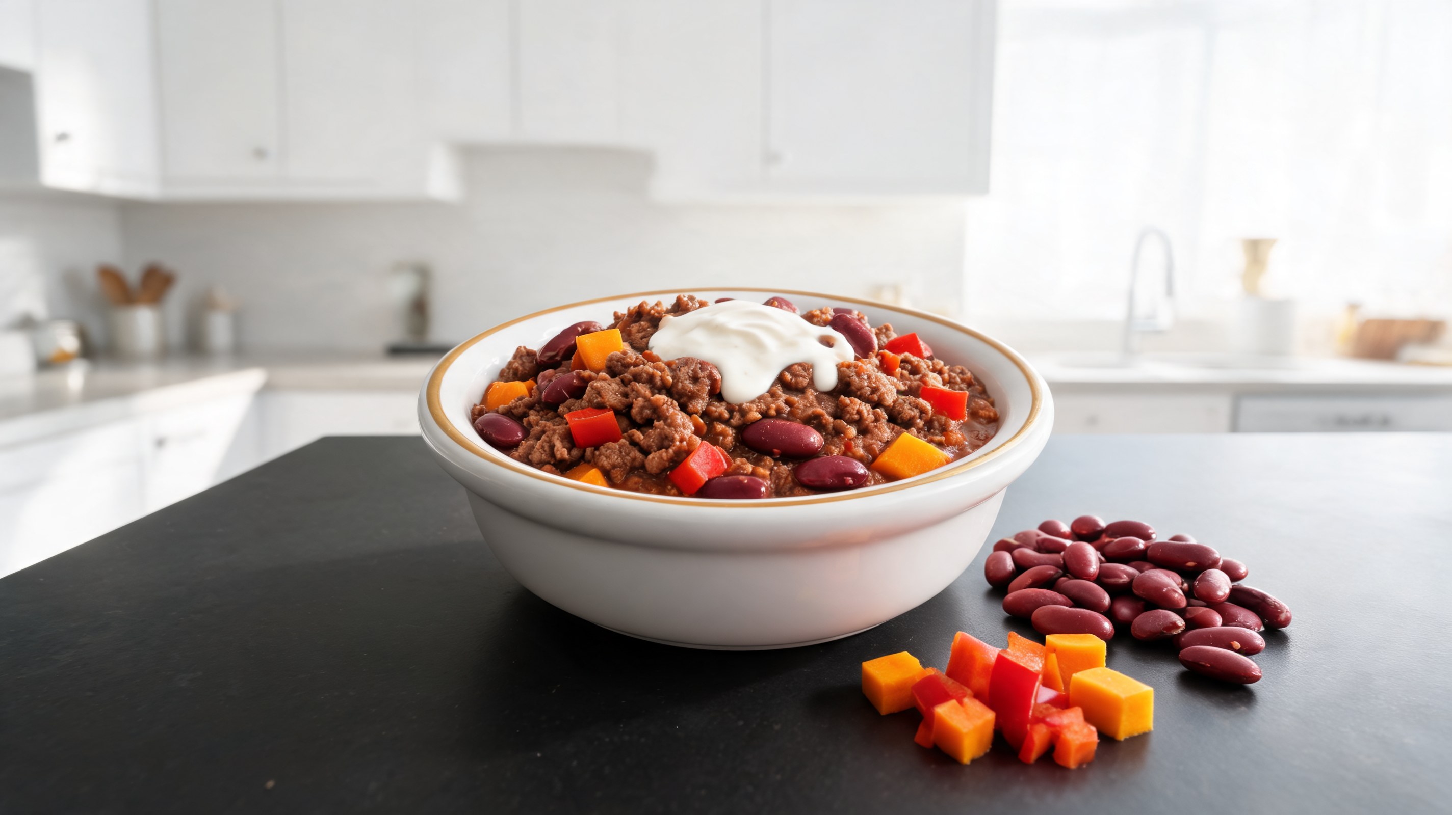 Homemade chili for dogs with ground beef, red beans, peppers, and pumpkin in a bowl