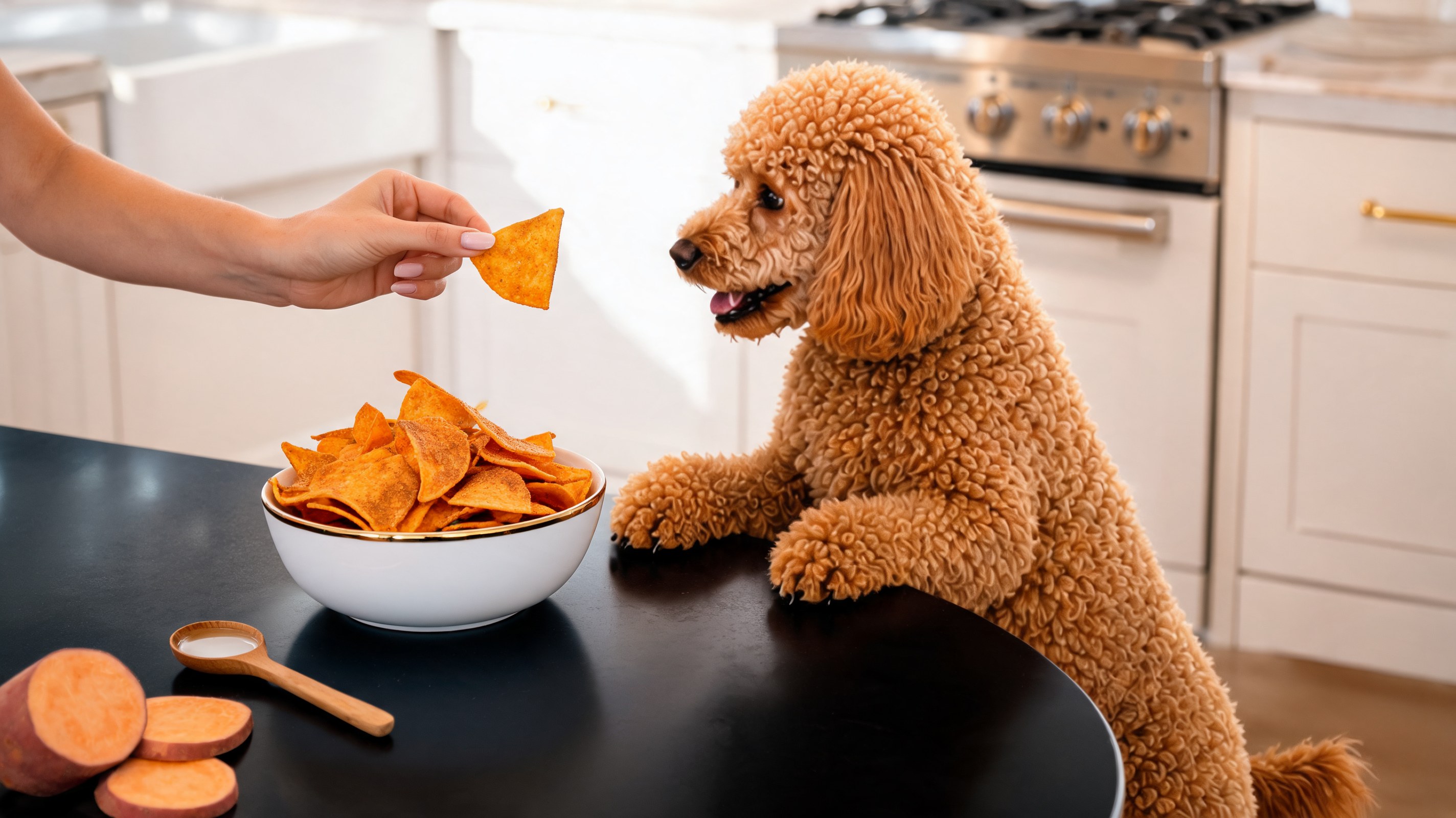 Sottili chips di patata dolce dorate e croccanti su una teglia, alcune leggermente speziate con cannella