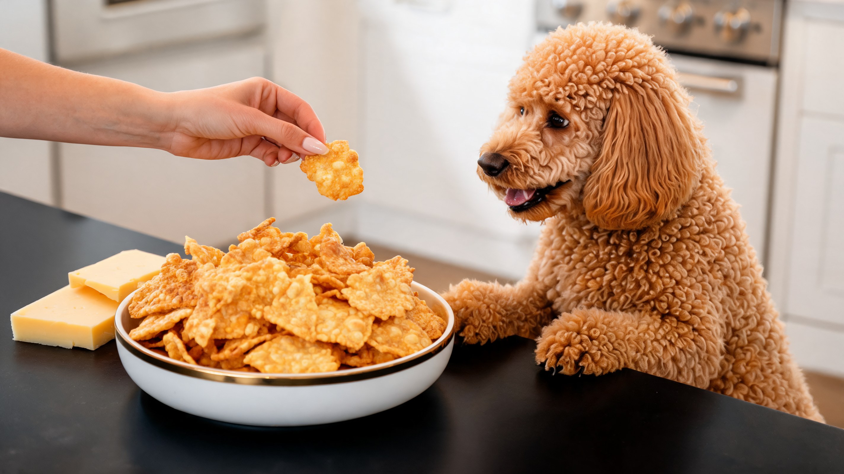 Golden crispy cheddar cheese chips arranged on parchment paper as a snack for dogs