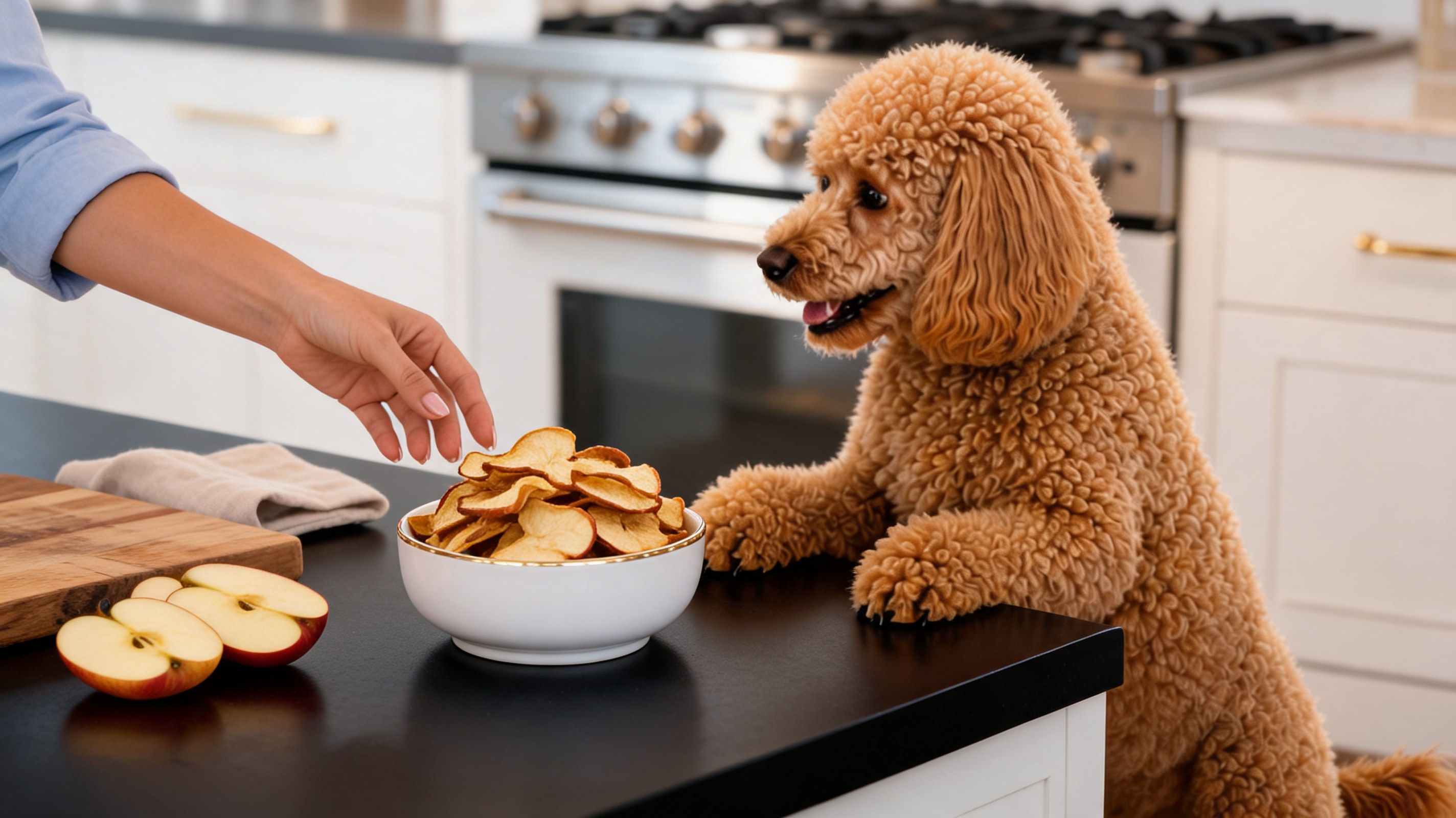 Chips di mela essiccate al forno per cani disposte in ciotola di legno e su tagliere