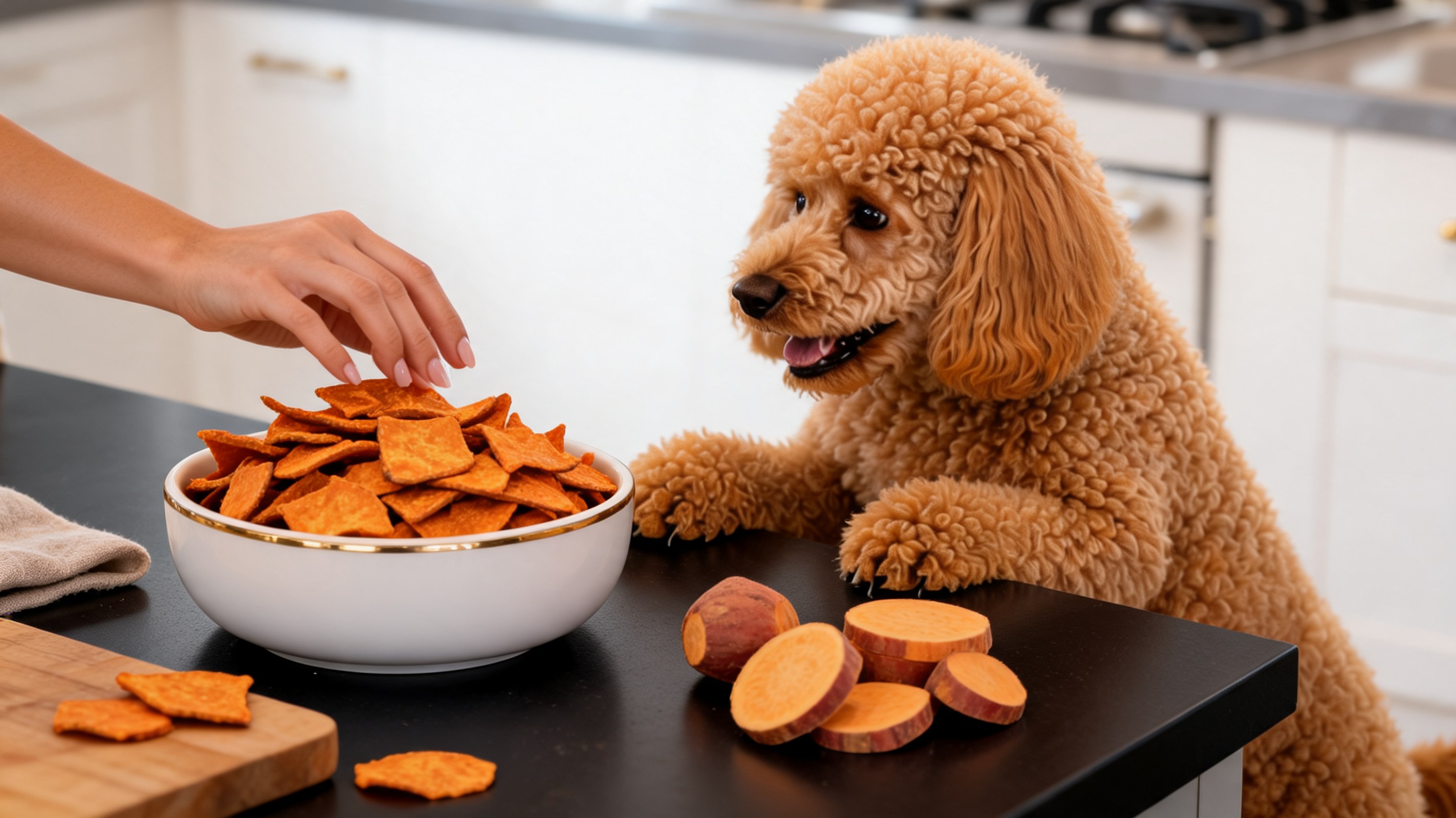 Chips di patata dolce arancioni cotte in friggitrice ad aria per cani in ciotola di legno