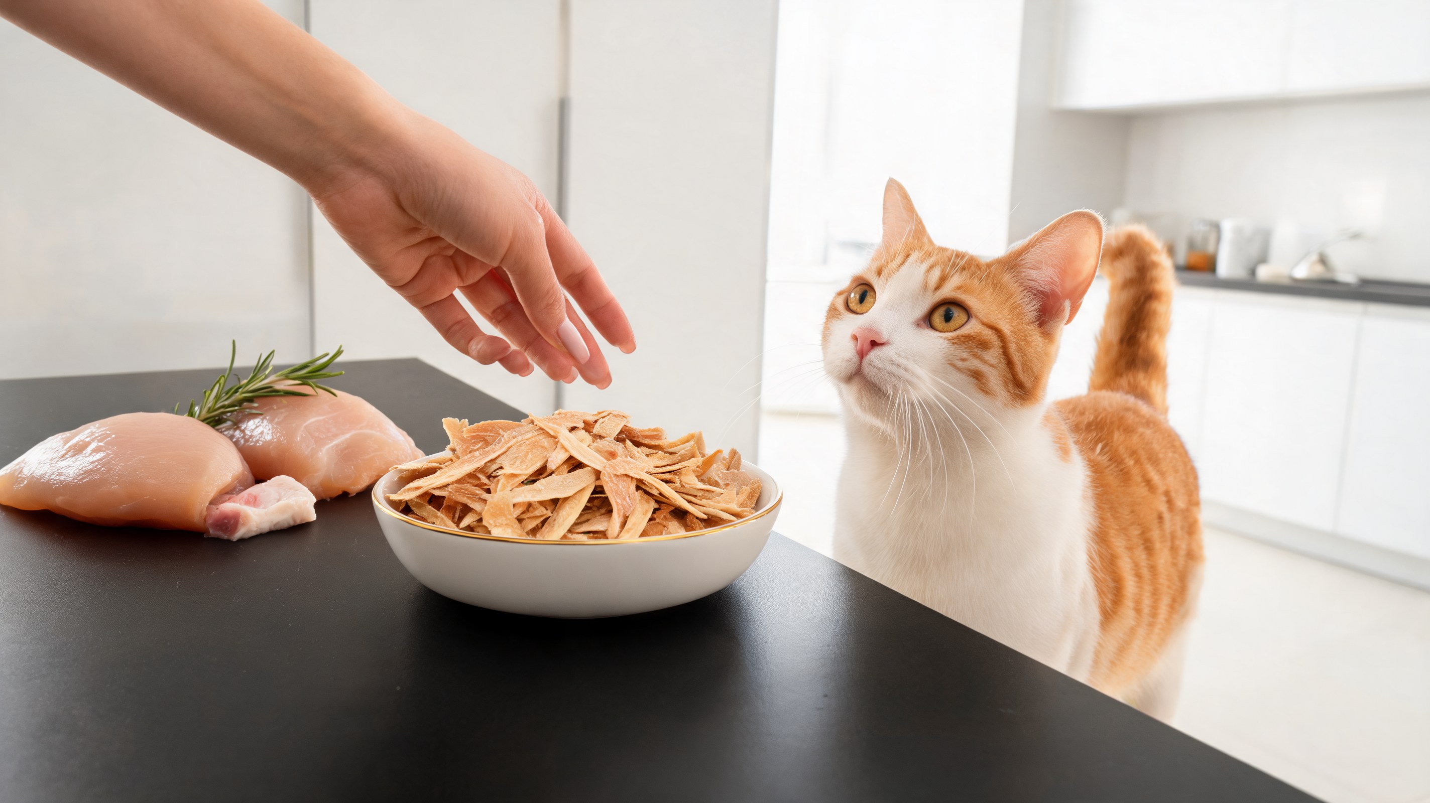Sottili chips di pollo essiccato croccanti accumulate in una piccola ciotola, snack per gatti