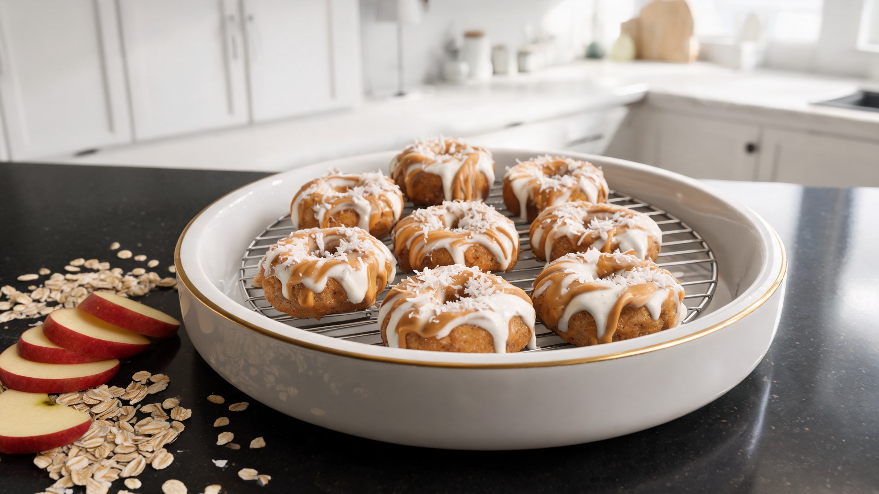Rosquinhas no forno para cães com aveia e maçã decoradas com manteiga de amendoim e coco