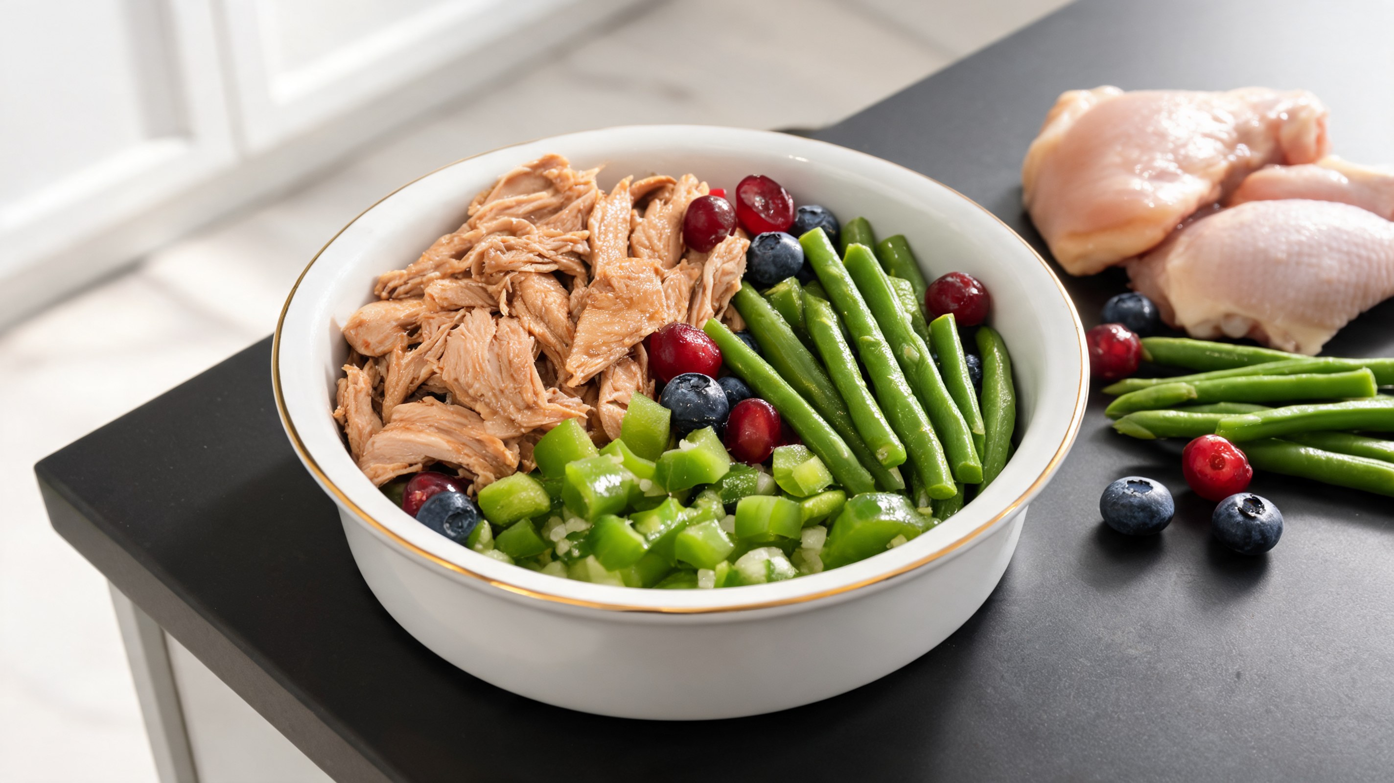 Comida cremosa de pollo, ejotes y arándanos para perros decorada con frutos frescos vista desde arriba