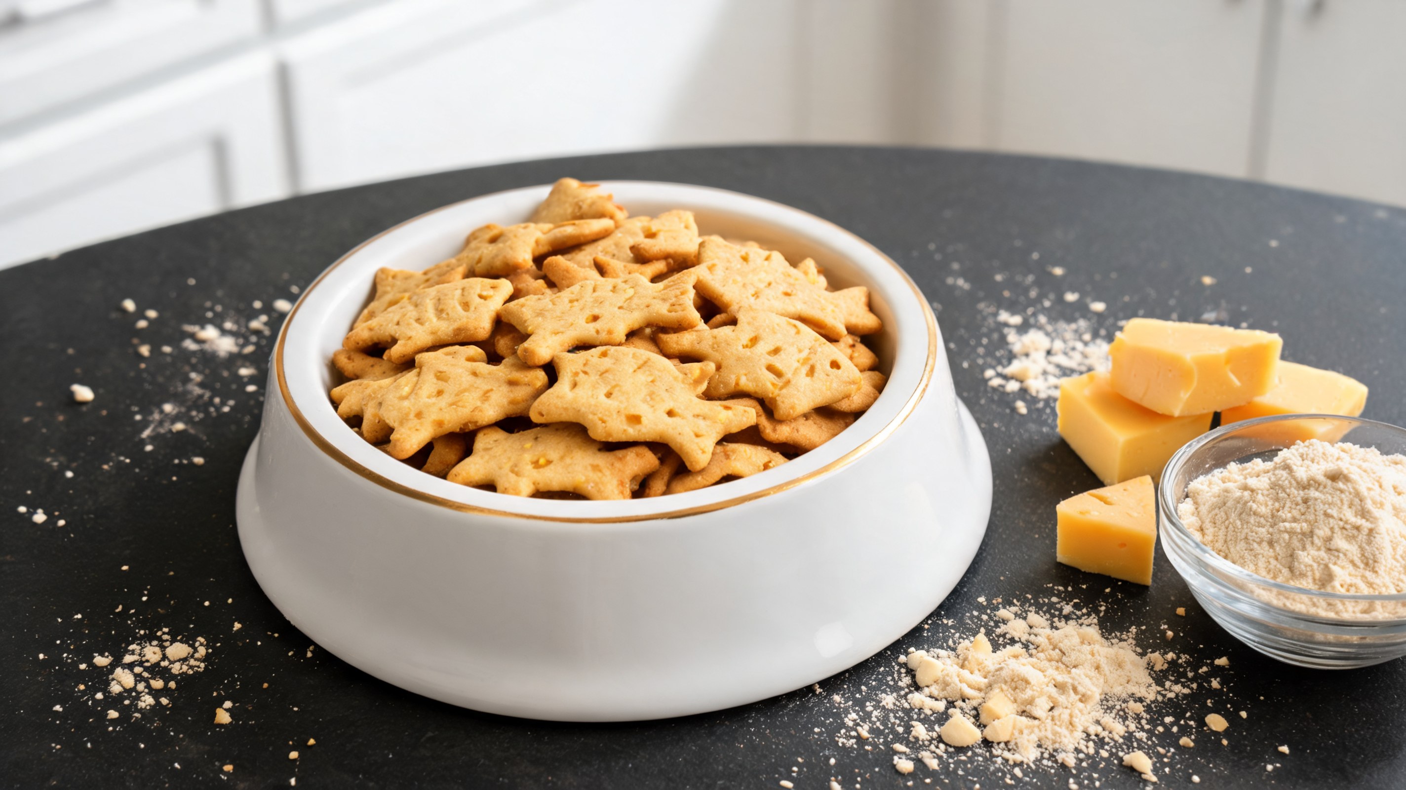Crackers dorés en forme de poisson au cheddar et farine d'amande pour chiens sur planche à découper