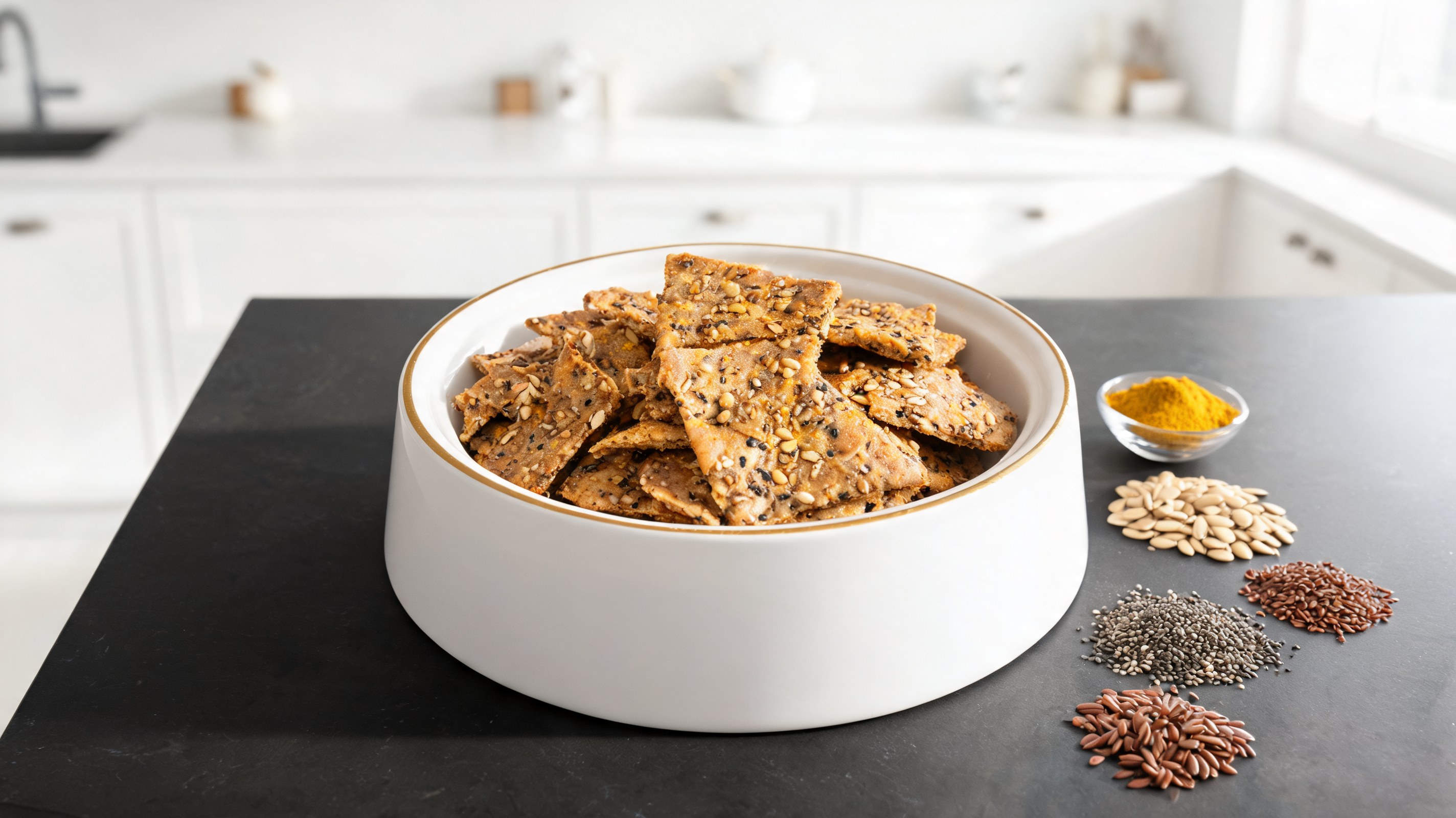 Crackers brisés aux graines de chanvre, de tournesol et de chia pour chiens sur une planche en bois avec du curcuma