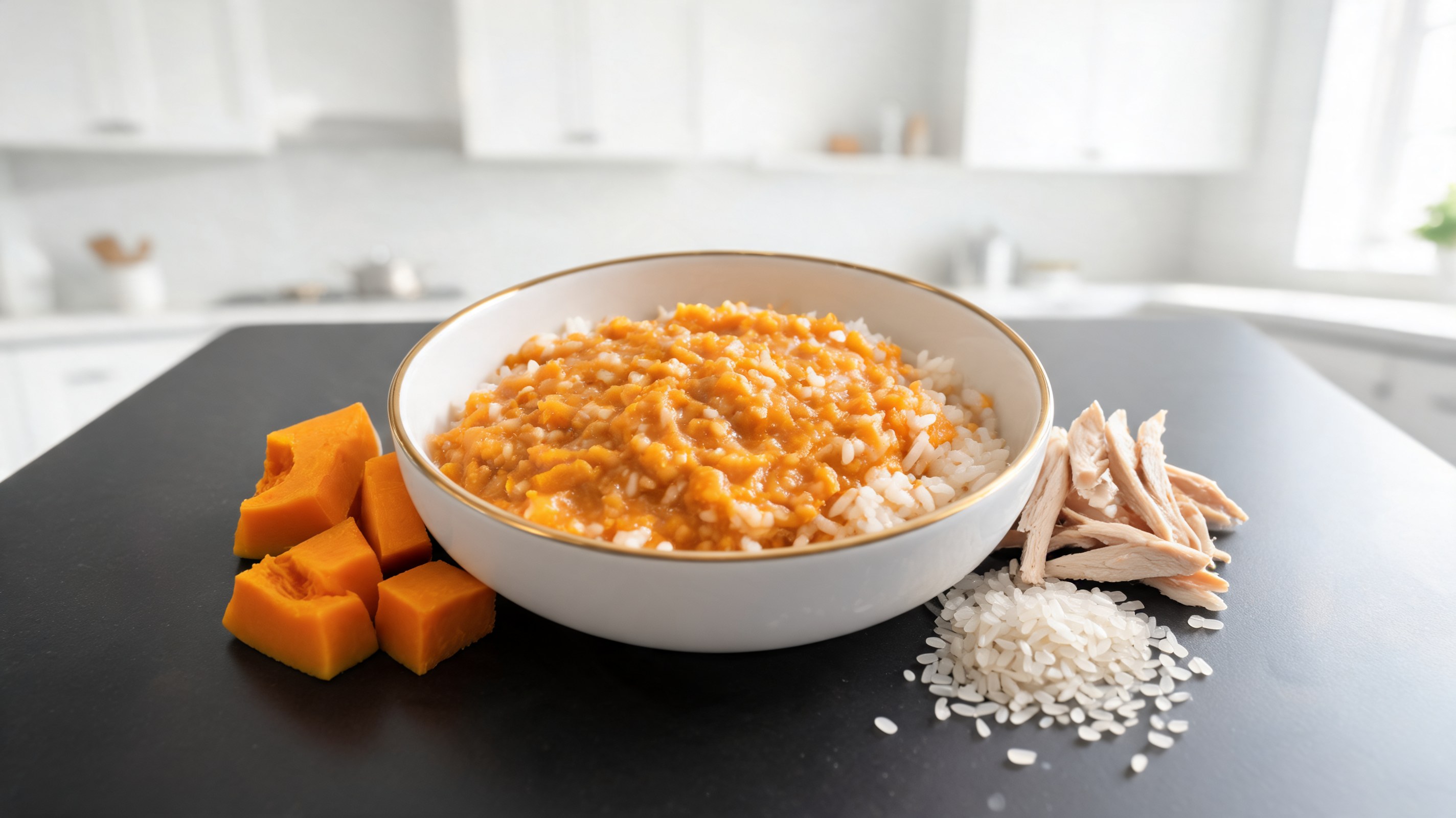 Crema arancione vellutata di pollo e zucca con riso in piccola ciotola di ceramica chiara per cucciolo