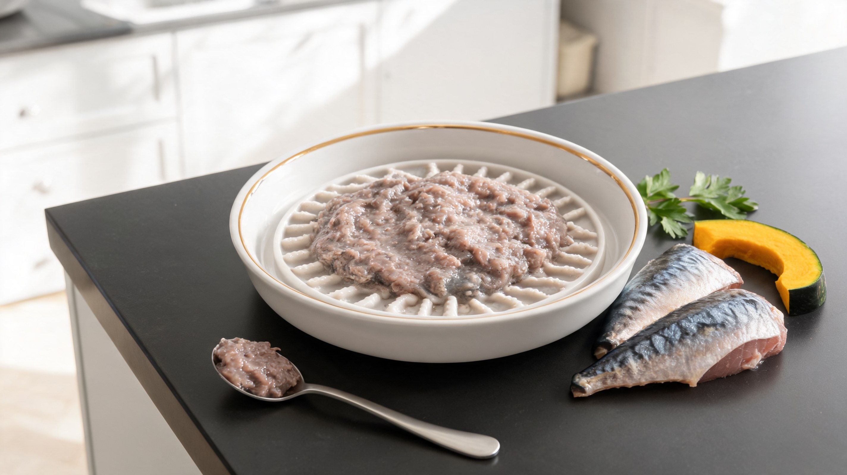 Crema di sgombro spalmata su un tappetino lecca-lecca in silicone per gatti