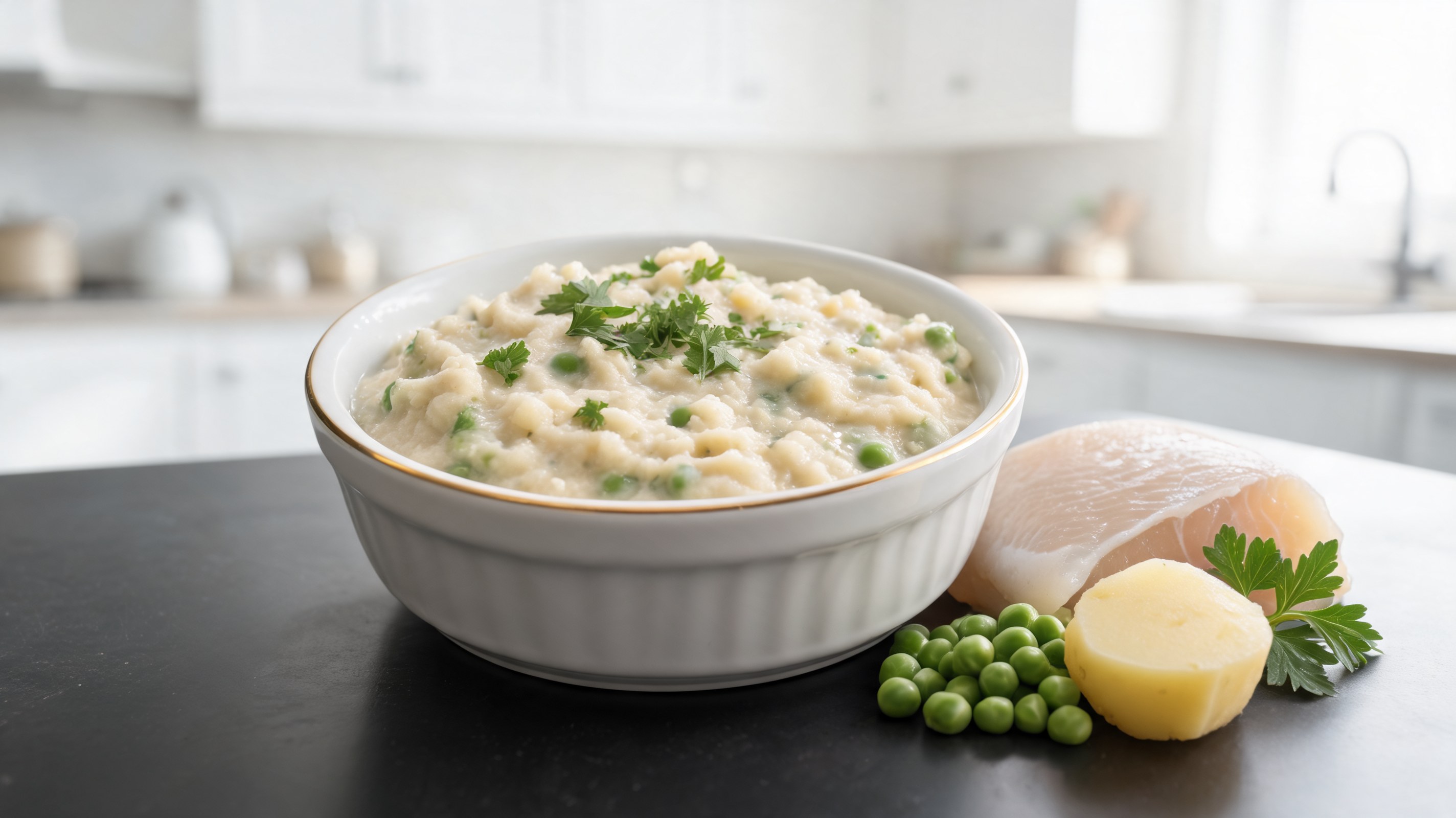 Crema suave de bacalao, patata y guisantes verdes en cuenco de cerámica clara con perejil