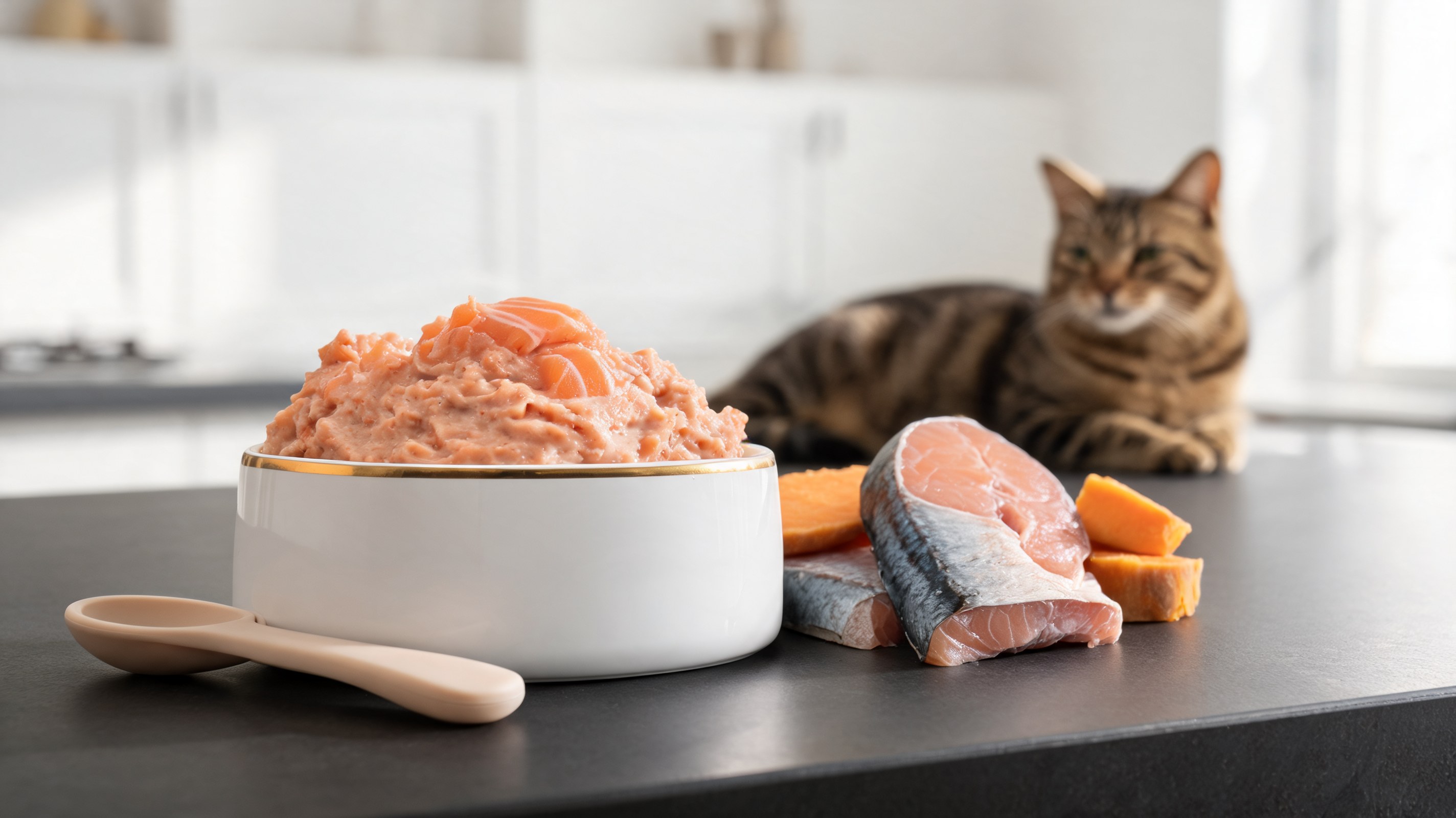 Piccola ciotola di porcellana chiara con crema vellutata color salmone di sgombro e patata dolce per gatti senior