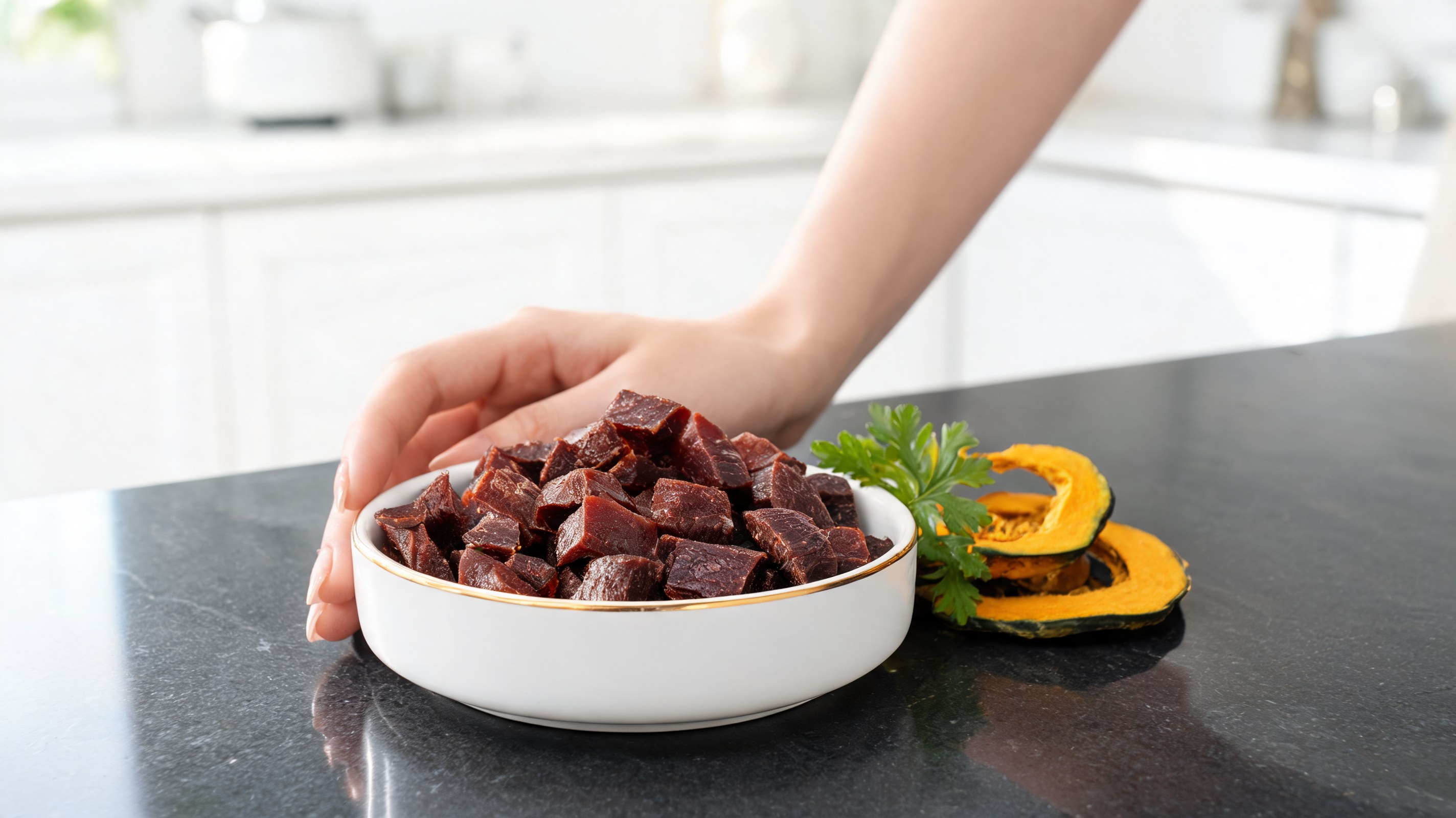 Piccoli cubetti scuri di fegato di manzo essiccato in una ciotolina, snack per gatti