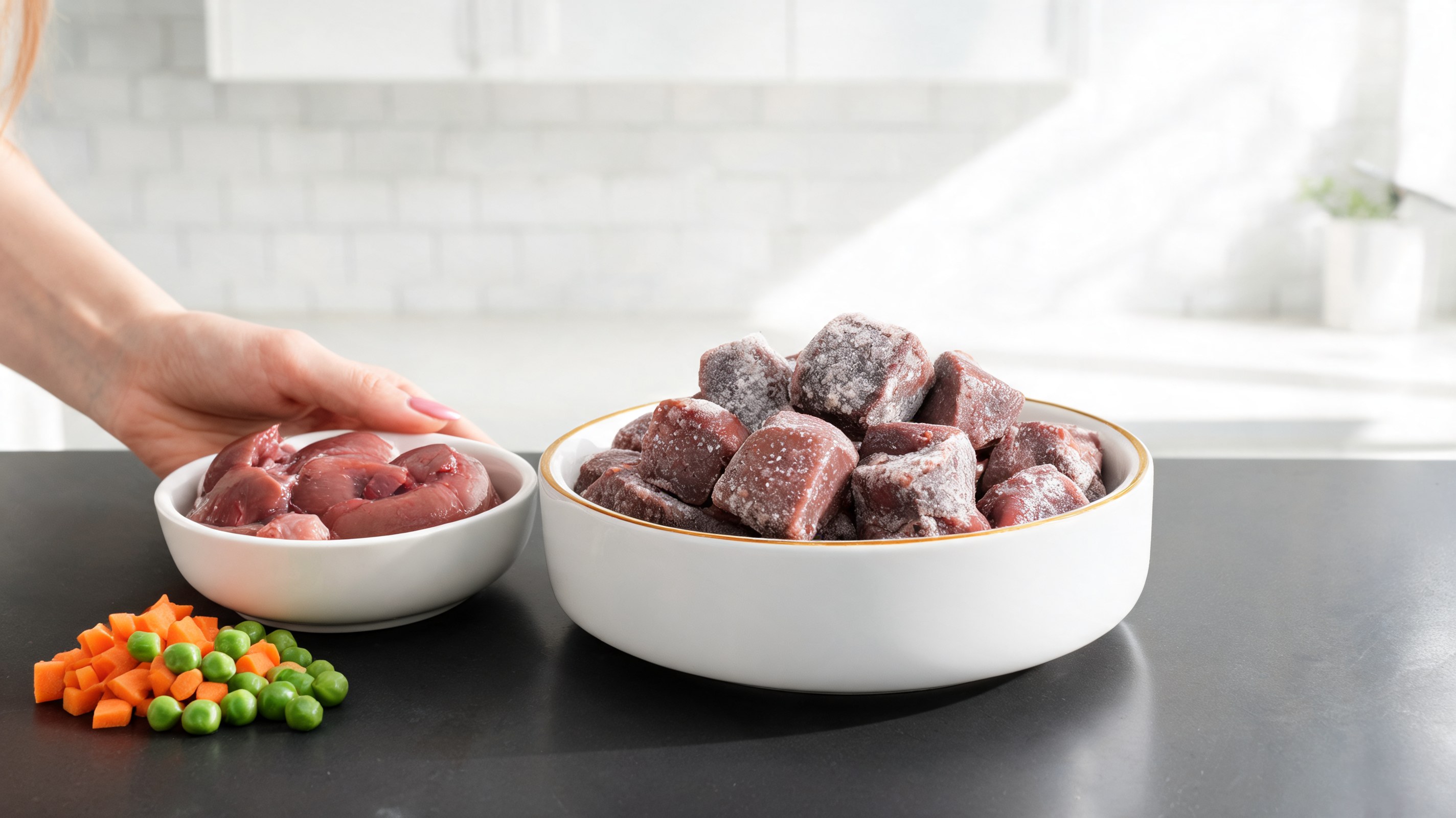 Cubos escuros de fígado de frango congelados prontos para serem adicionados às refeições do cão
